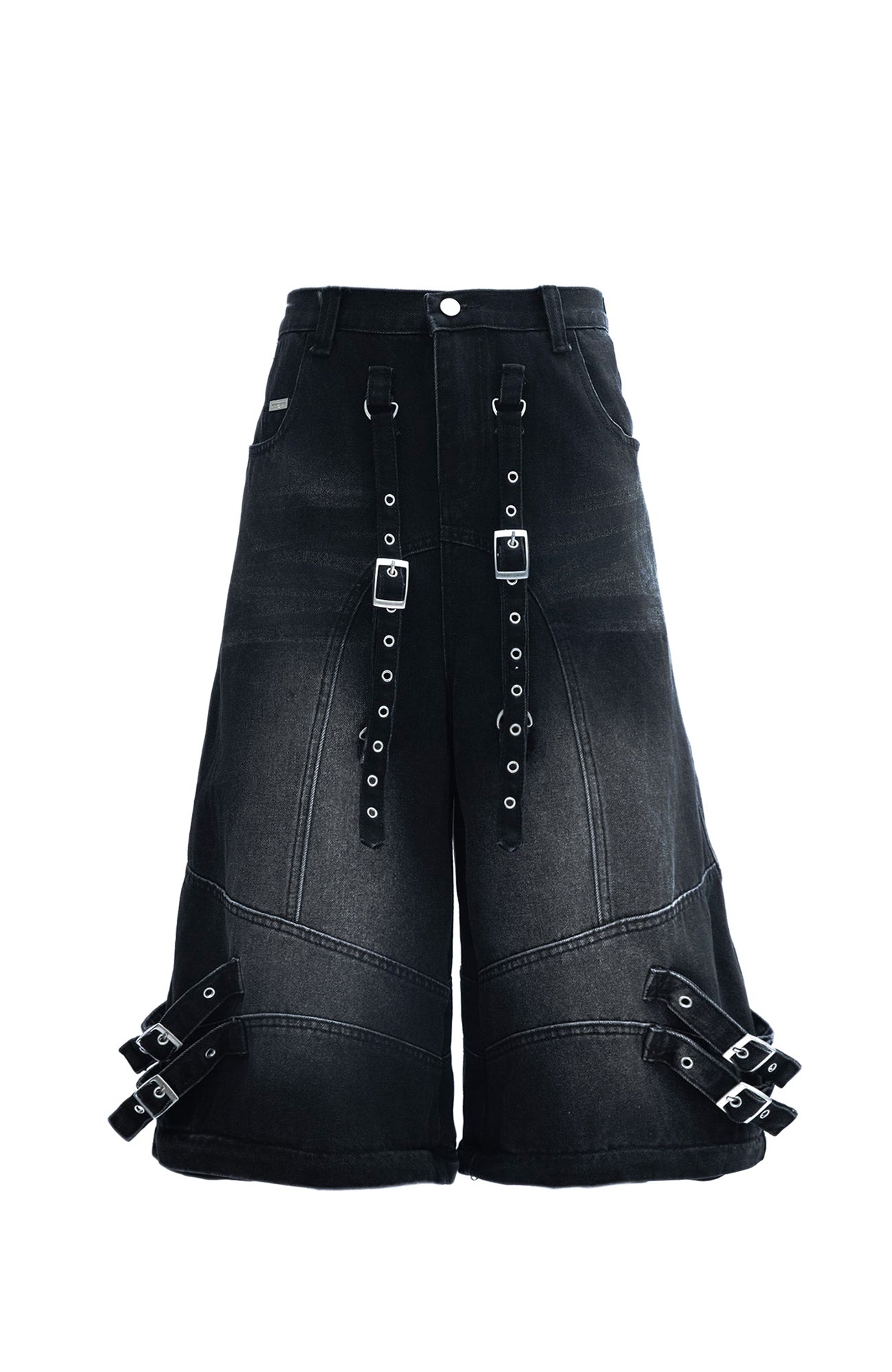 MOGONGSHE Detachable Drape-Strap Washed Jeans