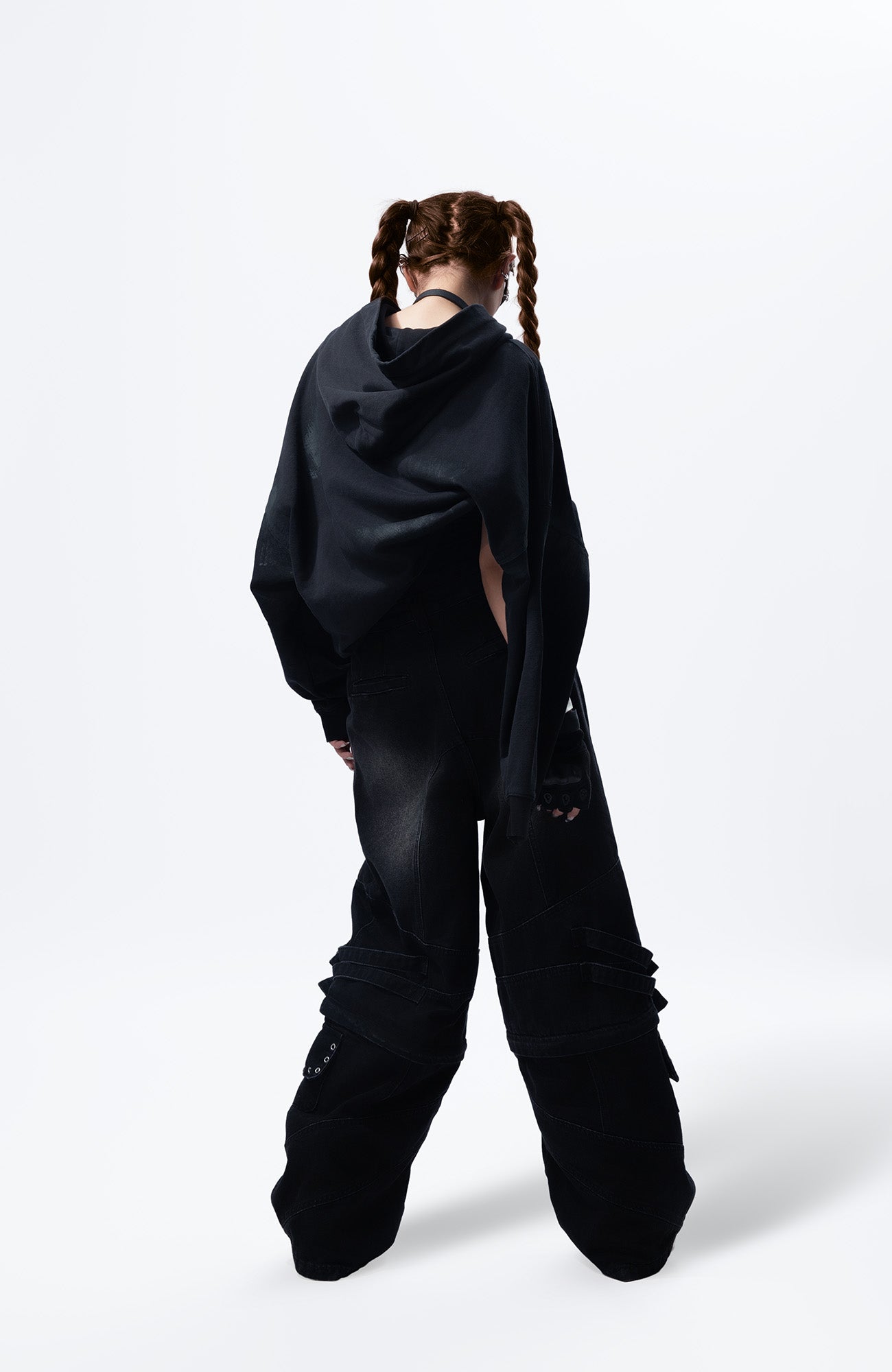 MOGONGSHE Detachable Drape-Strap Washed Jeans