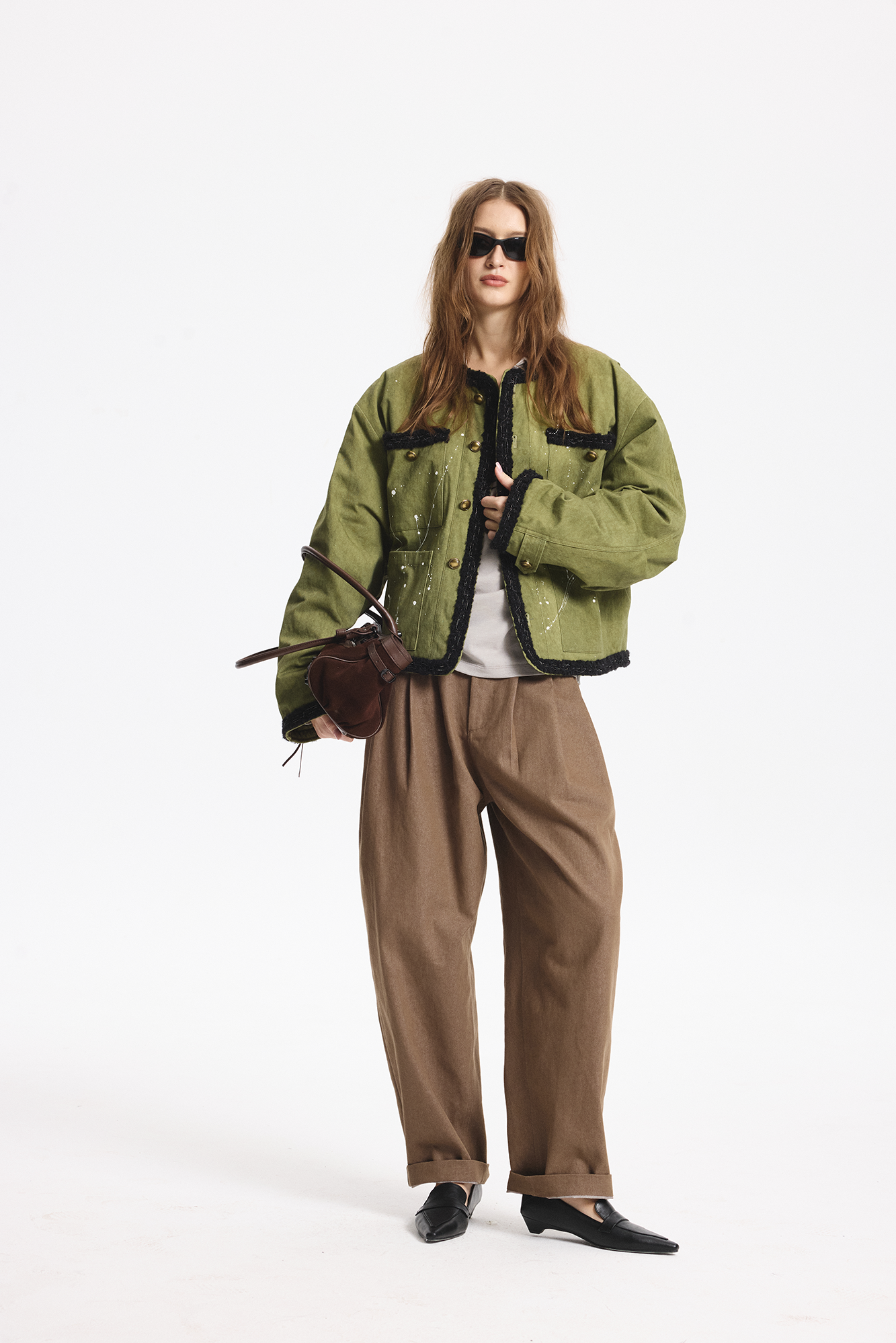 LEONSENSE Paneled Fleece Trim Paint-Splattered Jacket, premium urban and streetwear designers apparel on PROJECTISR.com, LEONSENSE