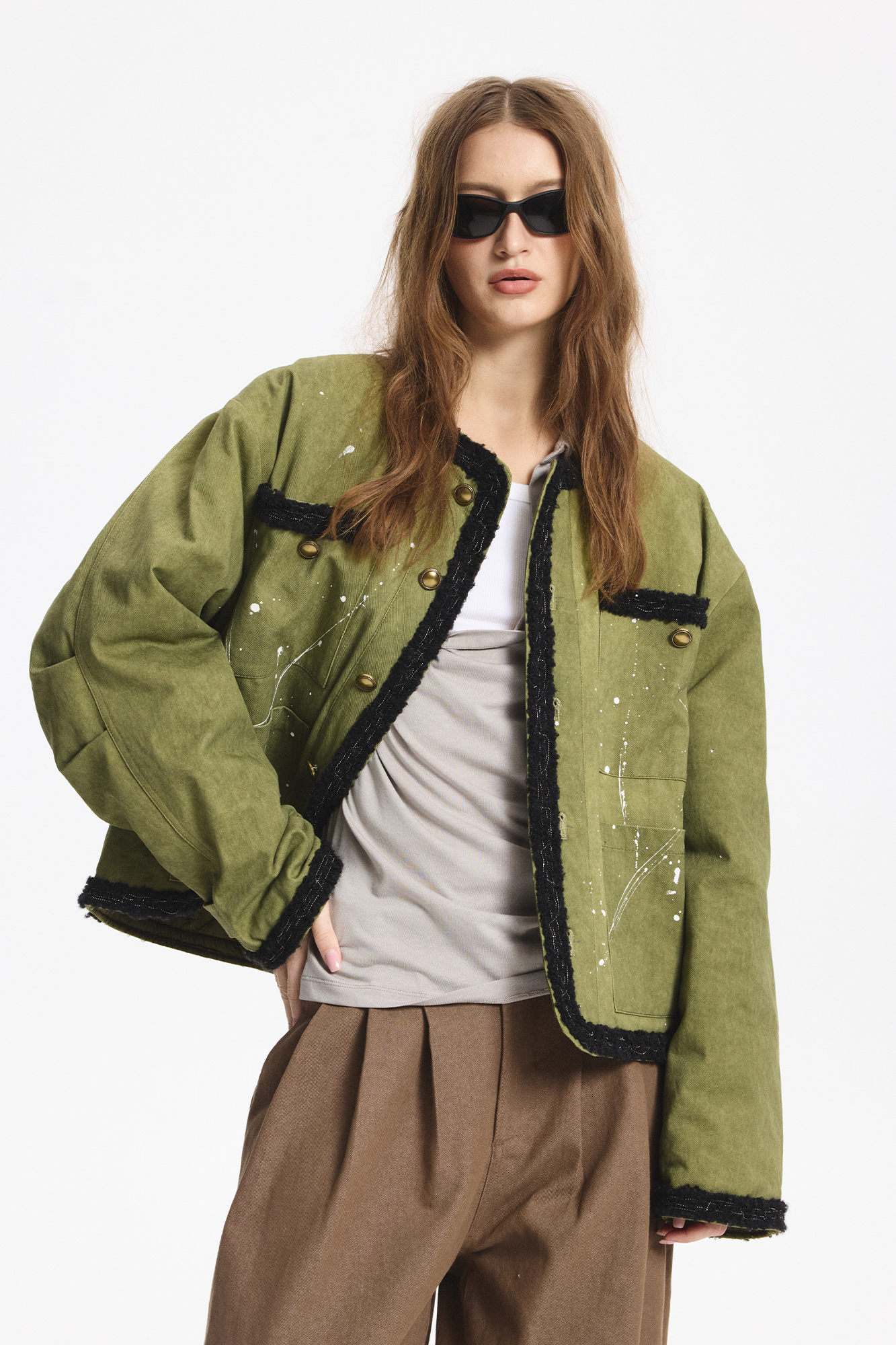 LEONSENSE Paneled Fleece Trim Paint-Splattered Jacket, premium urban and streetwear designers apparel on PROJECTISR.com, LEONSENSE