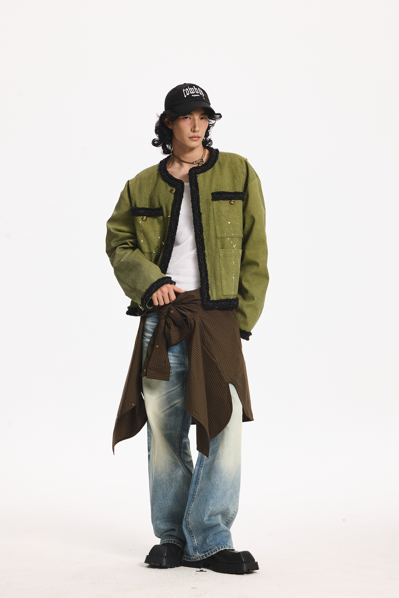 LEONSENSE Paneled Fleece Trim Paint-Splattered Jacket, premium urban and streetwear designers apparel on PROJECTISR.com, LEONSENSE