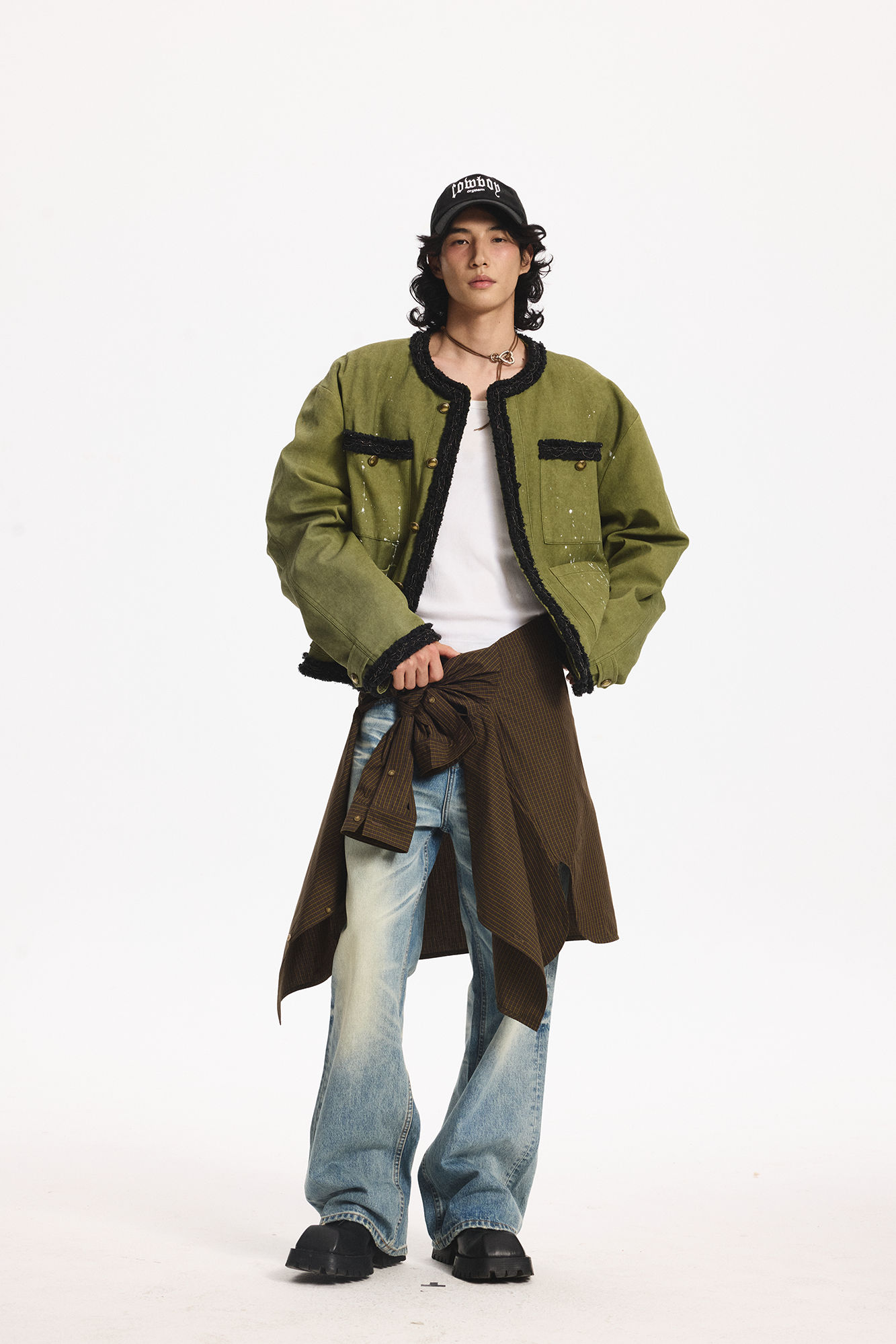 LEONSENSE Paneled Fleece Trim Paint-Splattered Jacket, premium urban and streetwear designers apparel on PROJECTISR.com, LEONSENSE