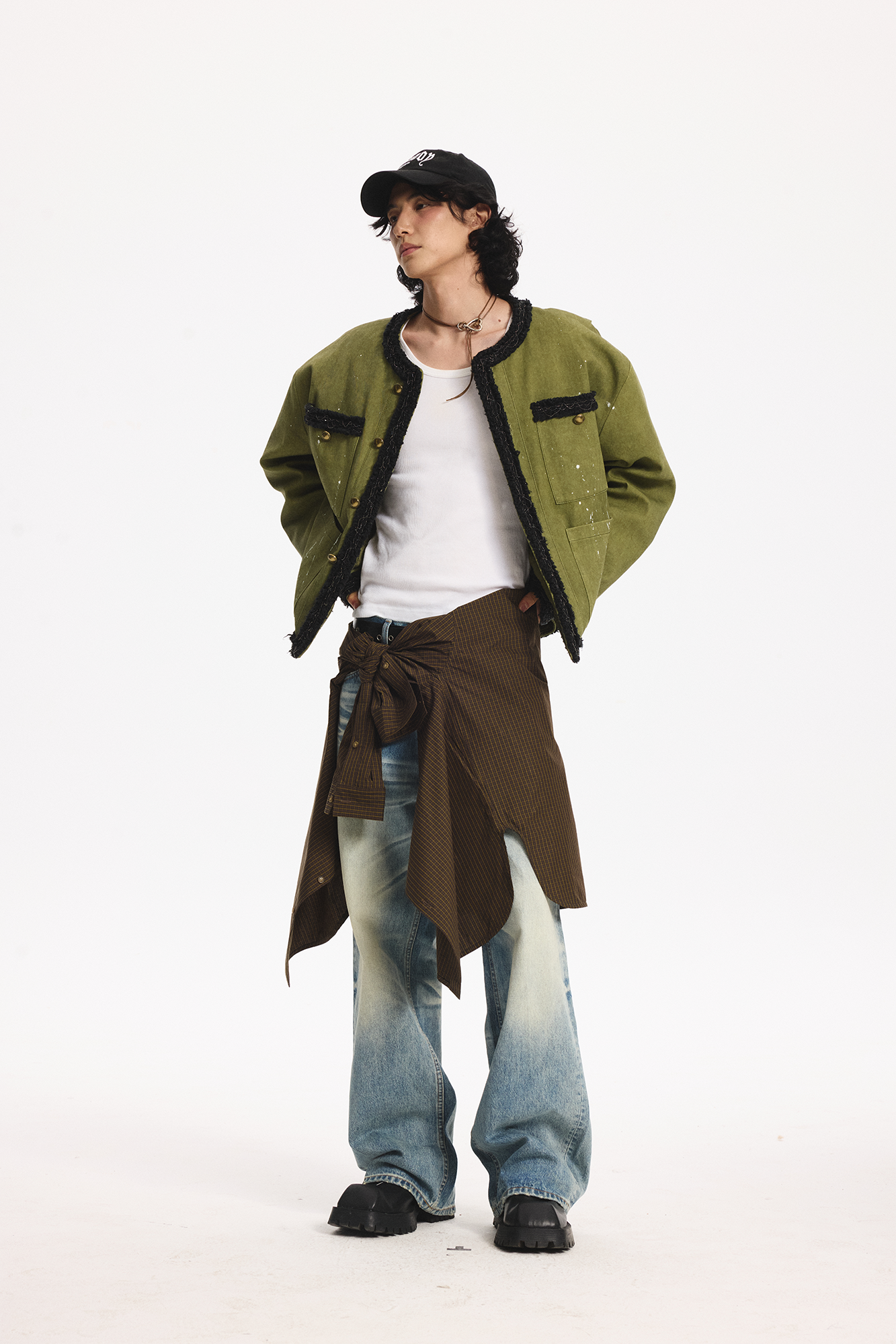 LEONSENSE Paneled Fleece Trim Paint-Splattered Jacket, premium urban and streetwear designers apparel on PROJECTISR.com, LEONSENSE