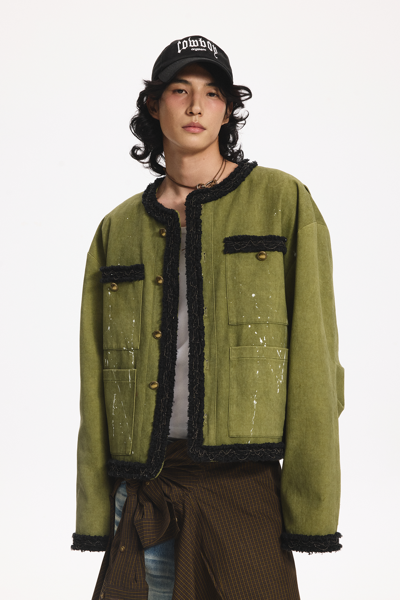 LEONSENSE Paneled Fleece Trim Paint-Splattered Jacket, premium urban and streetwear designers apparel on PROJECTISR.com, LEONSENSE