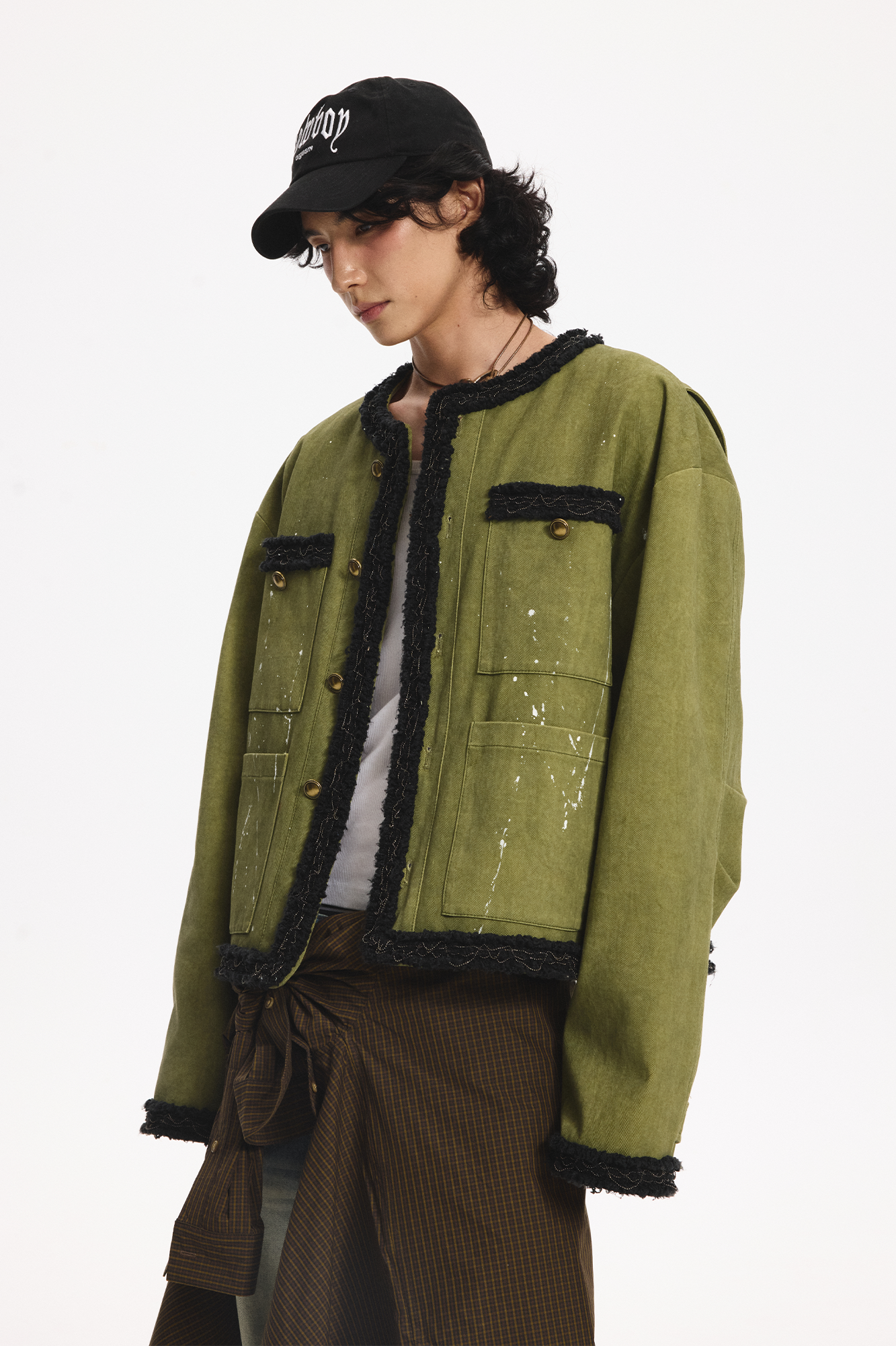 LEONSENSE Paneled Fleece Trim Paint-Splattered Jacket, premium urban and streetwear designers apparel on PROJECTISR.com, LEONSENSE