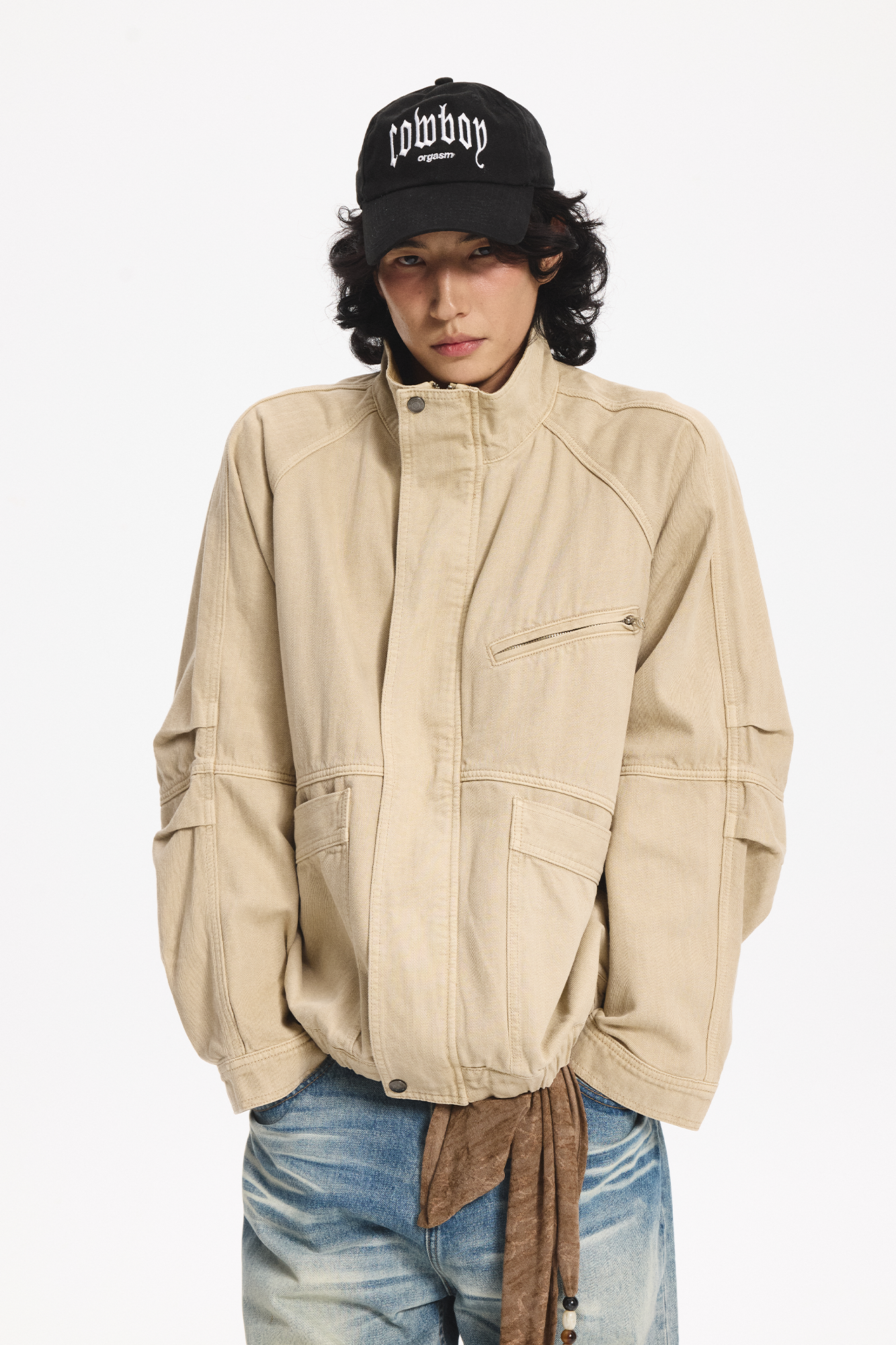 LEONSENSE Utility Raglan Stand-Collar Denim Jacket, premium urban and streetwear designers apparel on PROJECTISR.com, LEONSENSE