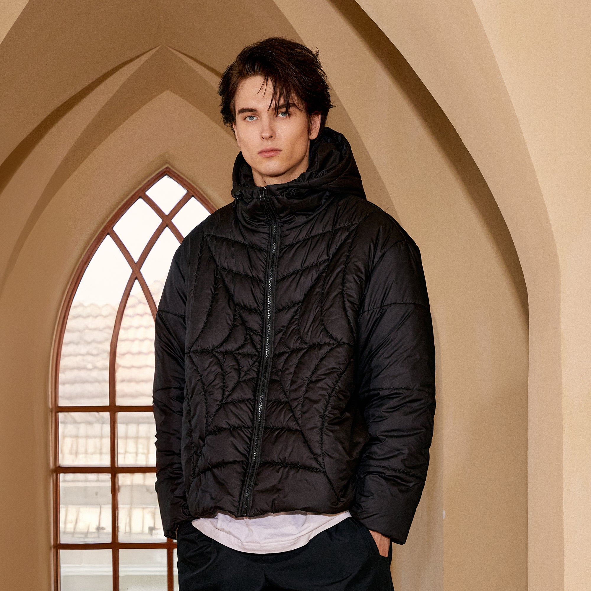 DONSMOKE Spider Web Quilt Hooded Puffer Jacket