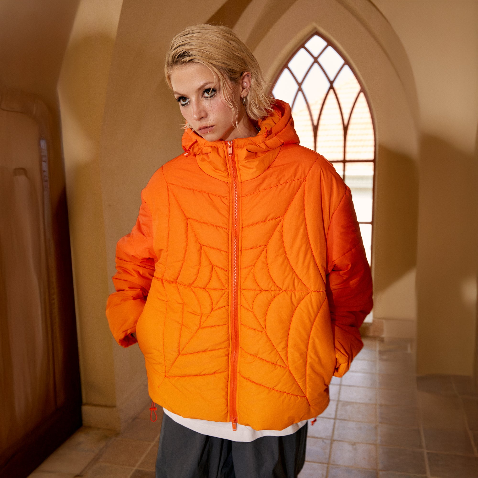 DONSMOKE Spider Web Quilt Hooded Puffer Jacket