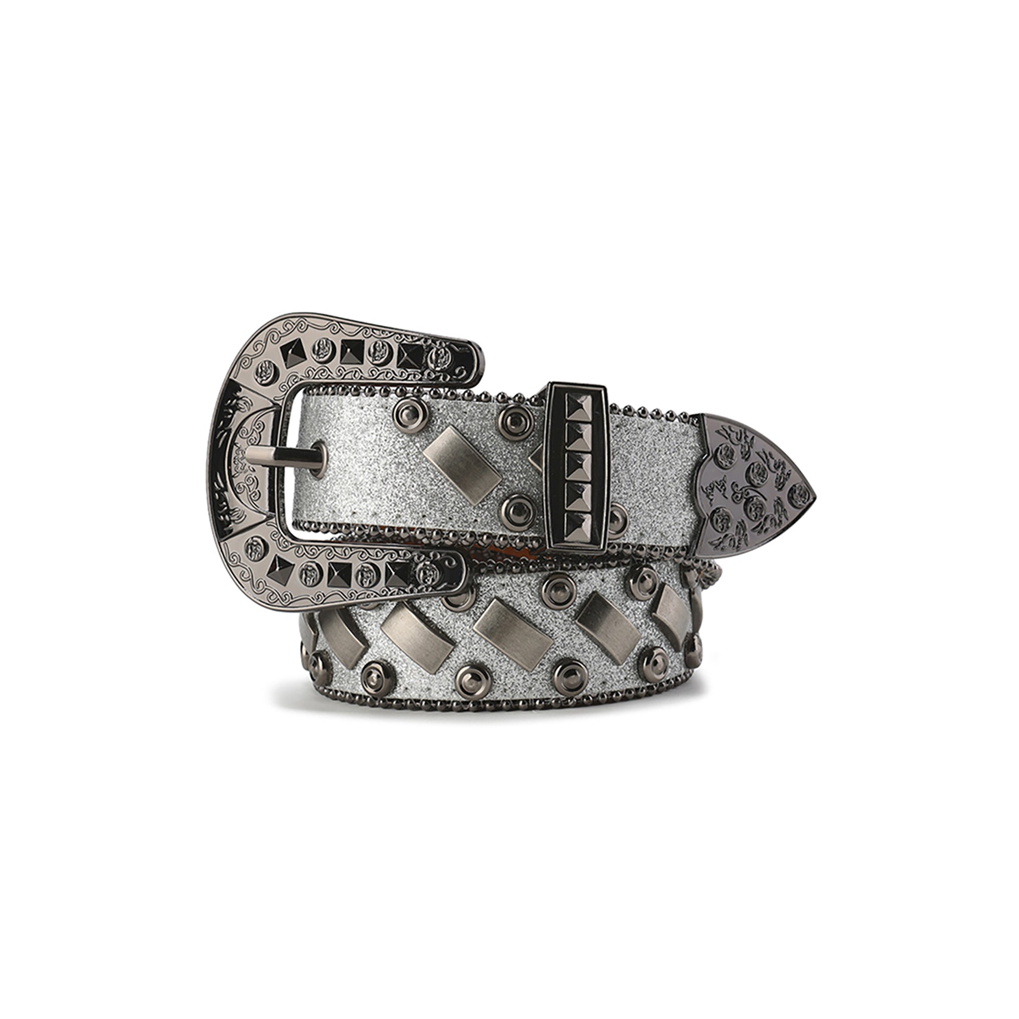 CYCYCY Bar Studded Filigree Leather Belt Gray