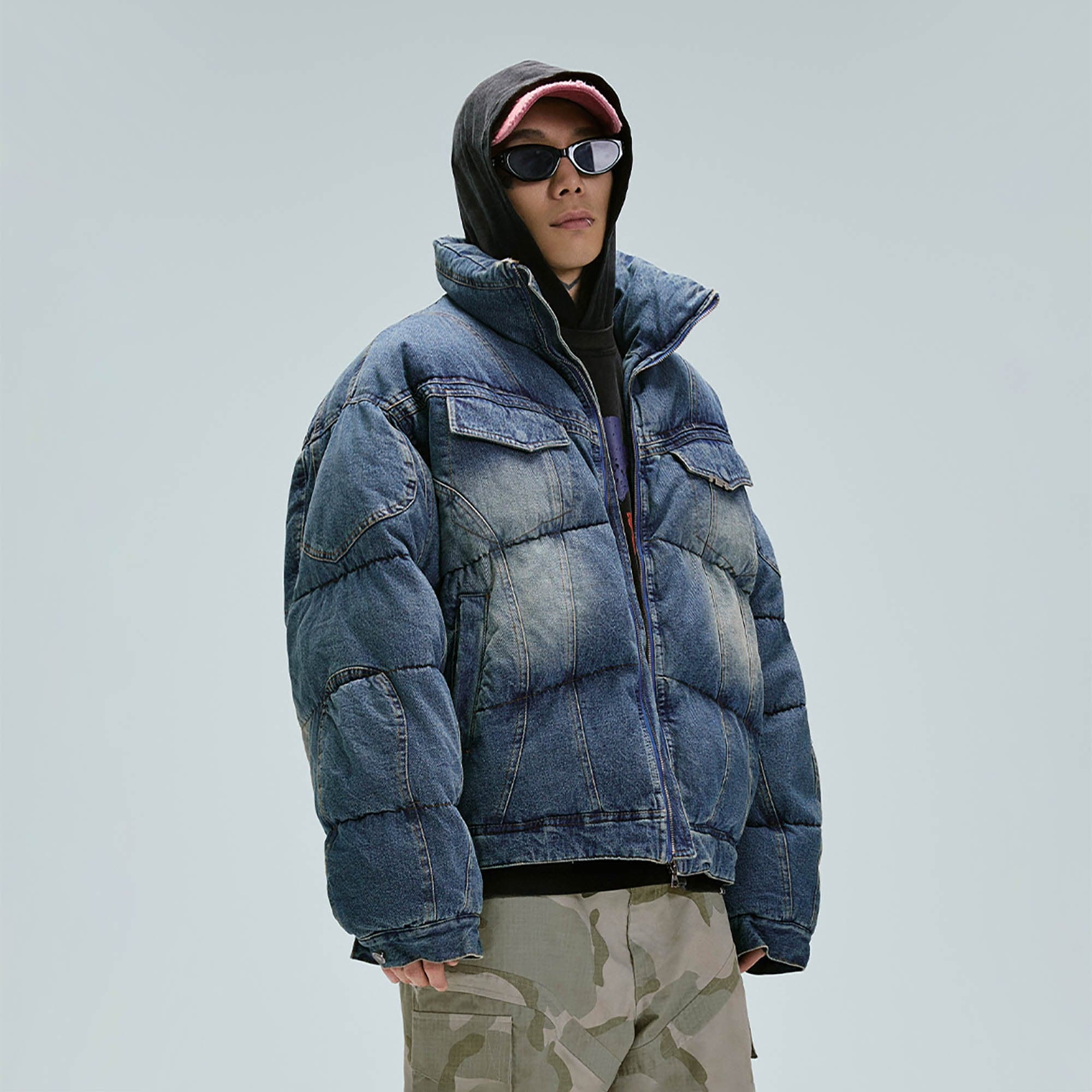 F2CE Washed Spliced Denim Puffer Jacket