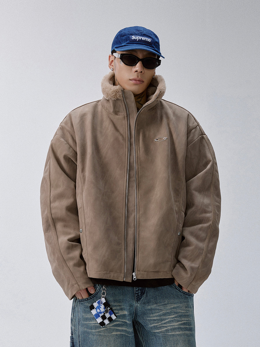 F2CE Aged Suede Faux Fur High-Collar Jacket
