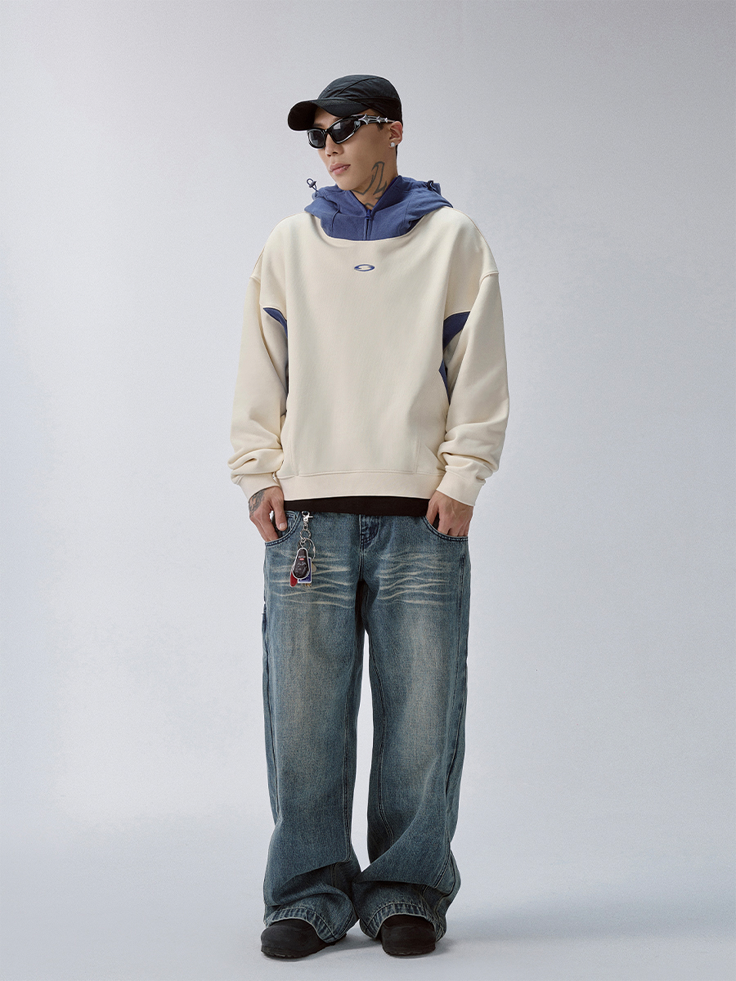 F2CE Contrast Paneled Funnel-Hood Pullover