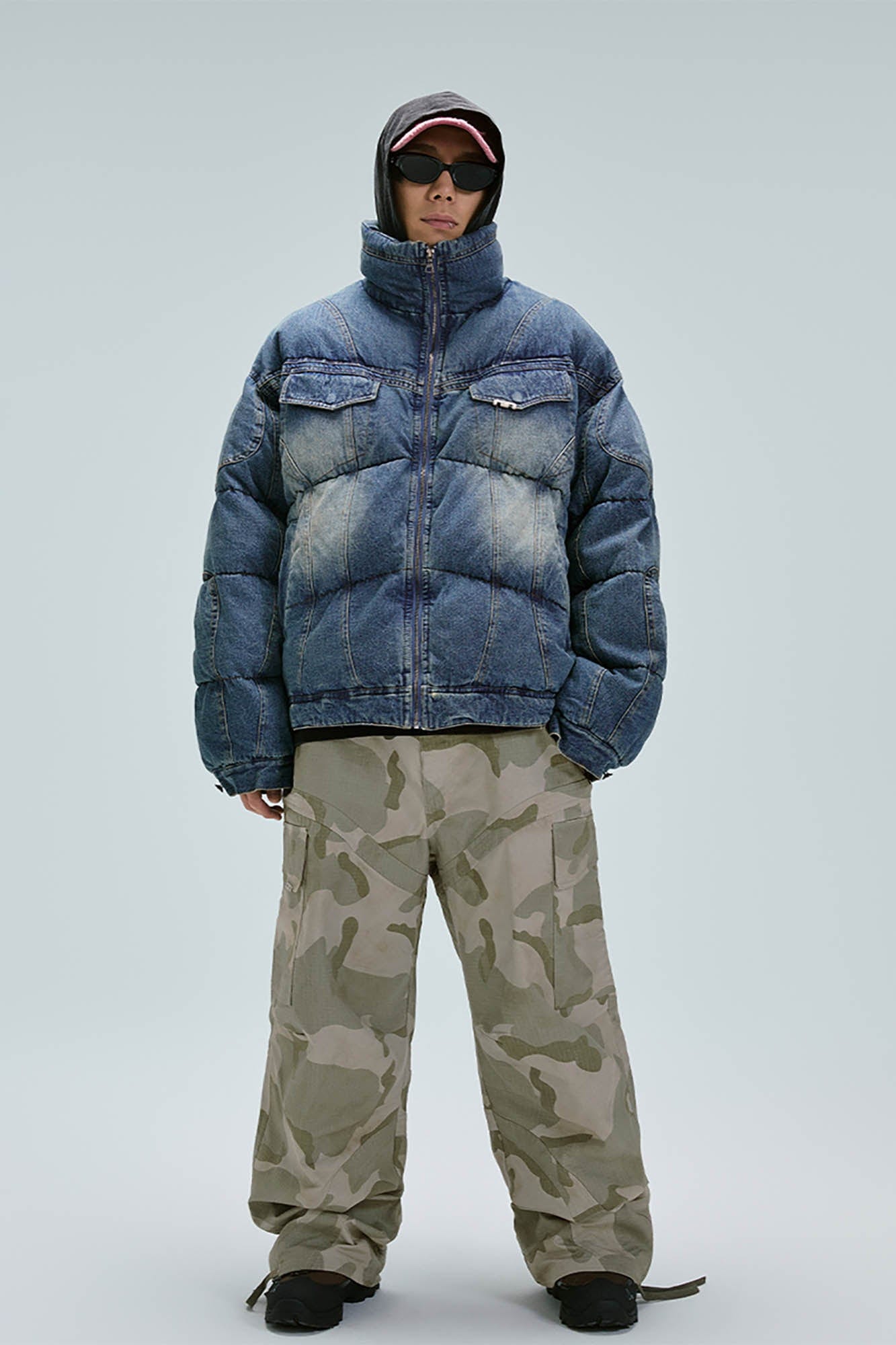 F2CE Washed Spliced Denim Puffer Jacket