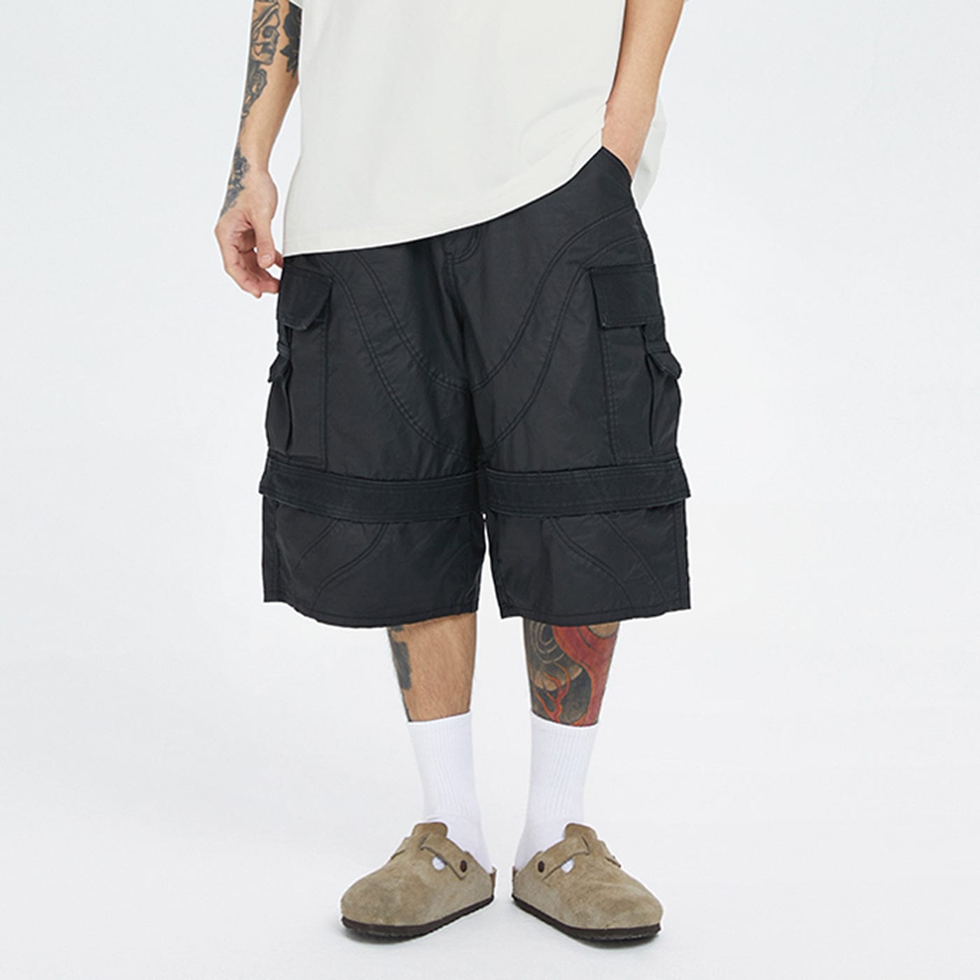 F2CE Spliced Big Pocket Waxed Shorts, premium urban and streetwear designers apparel on PROJECTISR.com, F2CE