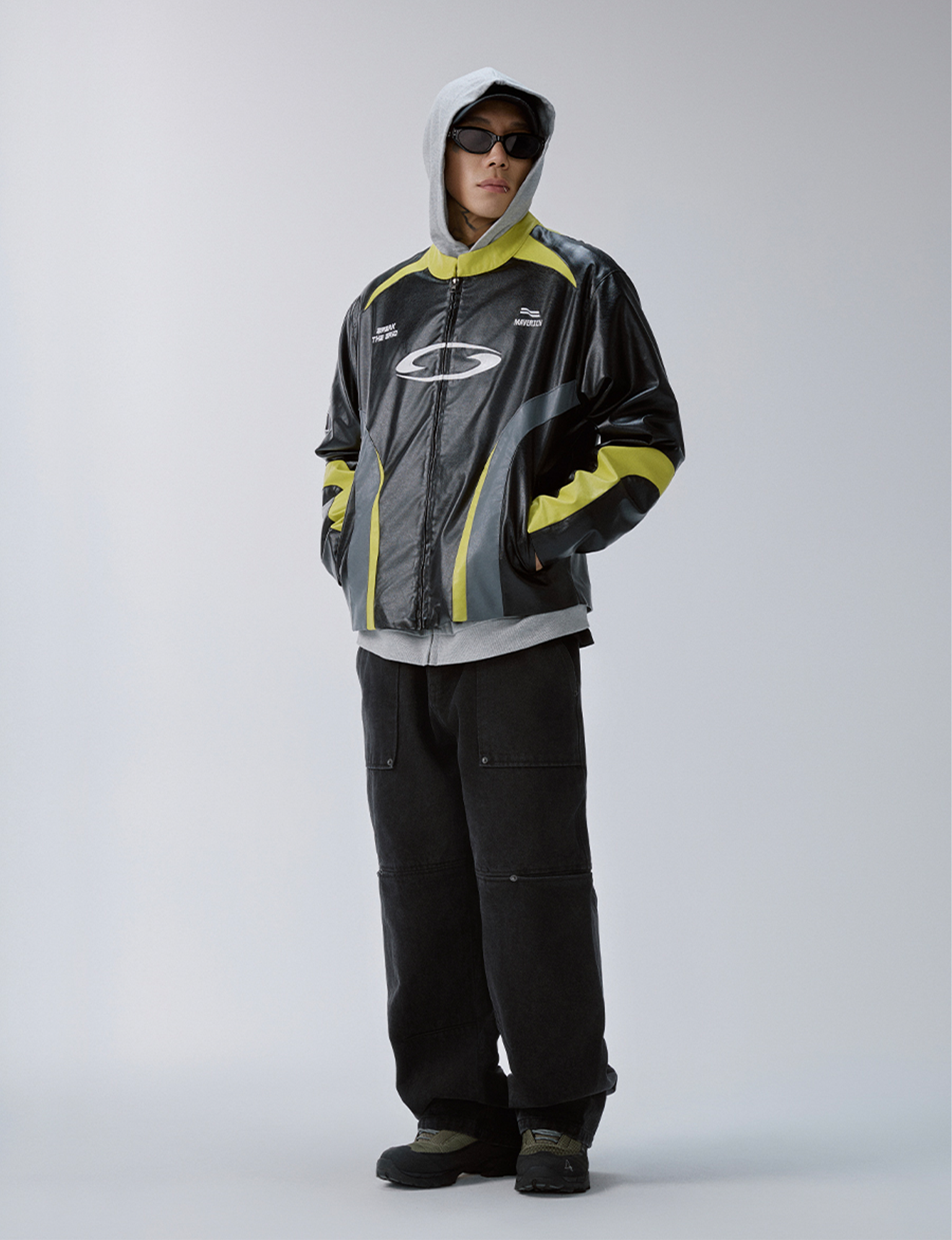 F2CE Contrast Panel Embroidered Moto Jacket