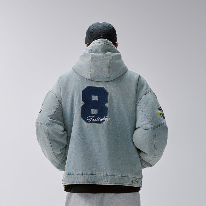 F2CE Washed Racing Patch Denim Hooded Puffer