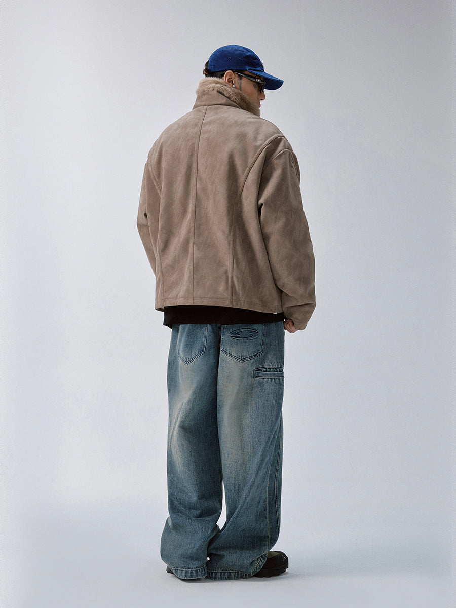 F2CE Aged Suede Faux Fur High-Collar Jacket