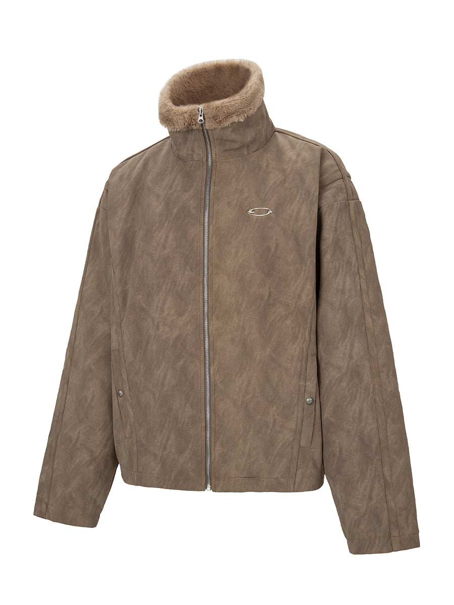 F2CE Aged Suede Faux Fur High-Collar Jacket