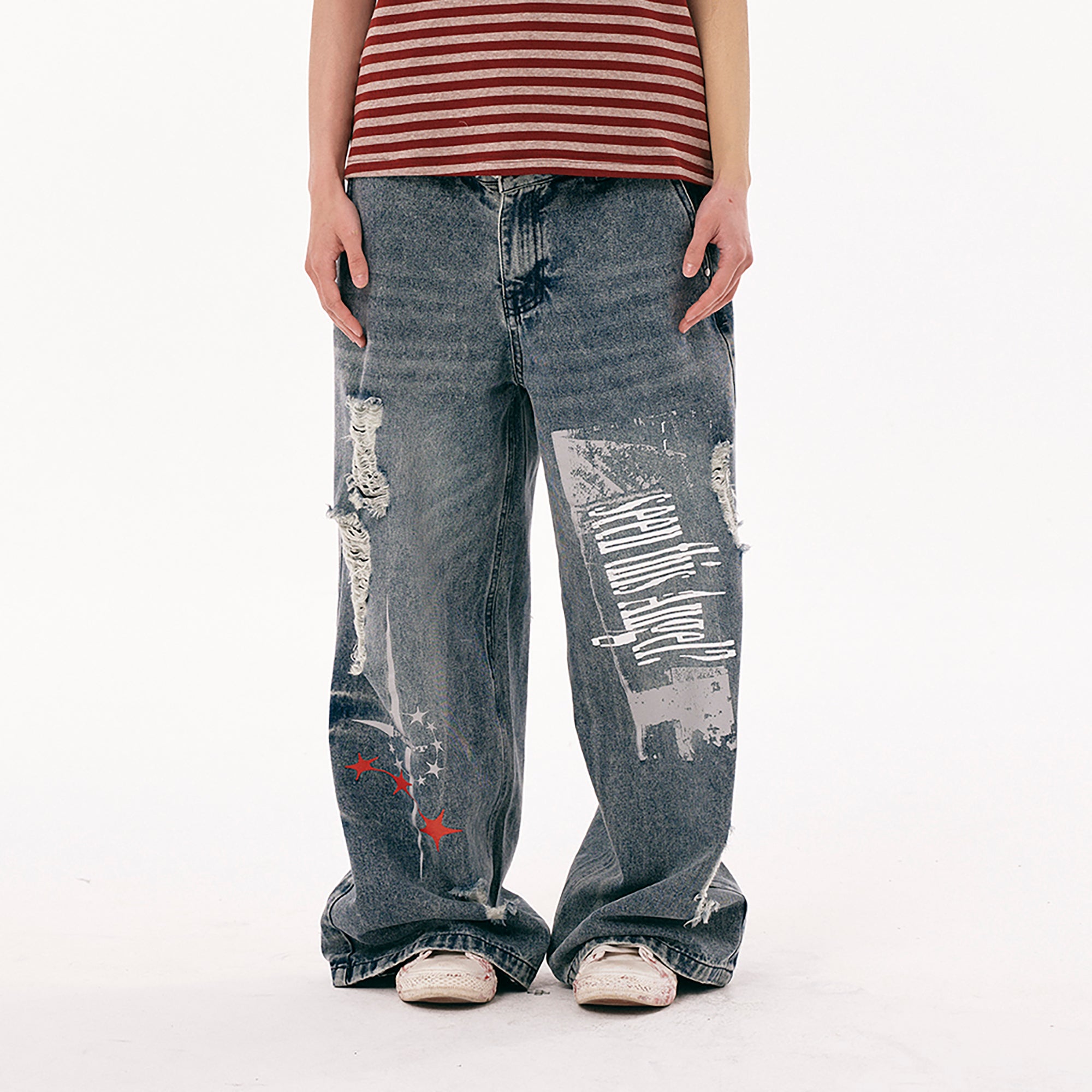 PASET Double Waist Camo Panel Distressed Jeans
