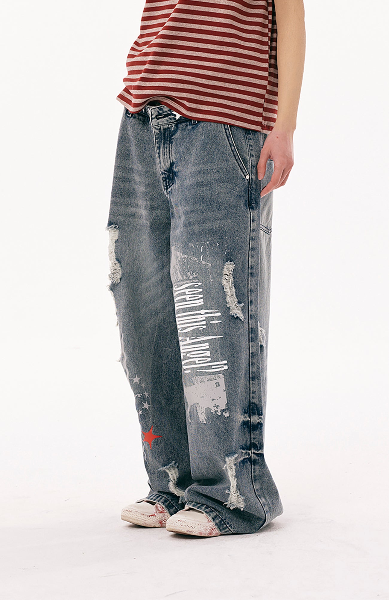 PASET Double Waist Camo Panel Distressed Jeans