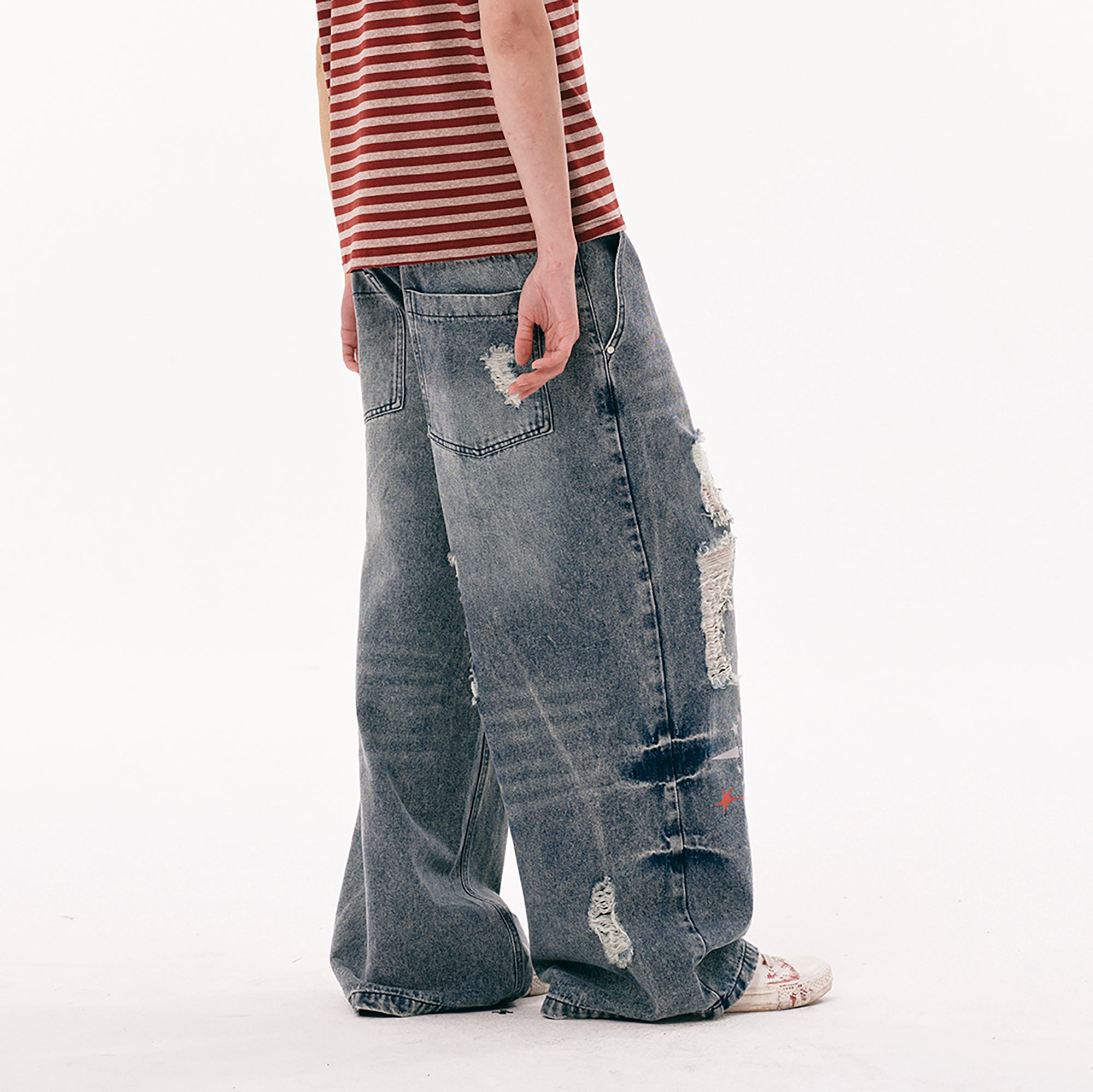 PASET Double Waist Camo Panel Distressed Jeans