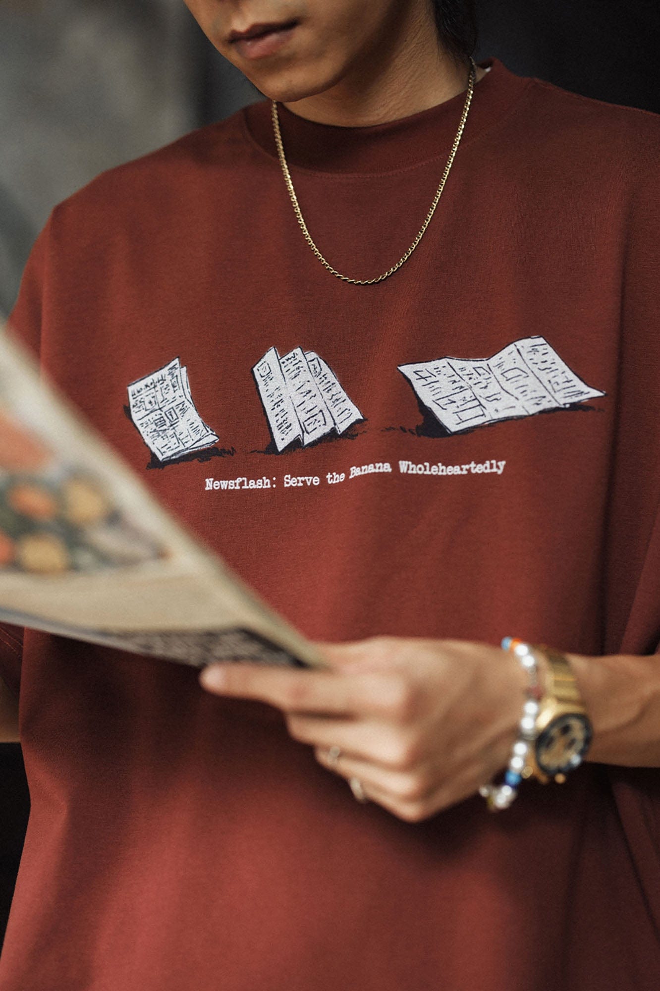 BANANA CLUB Newspaper Graphic Sorona Oversized T-Shirt, premium urban and streetwear designers apparel on PROJECTISR.com, BANANA CLUB