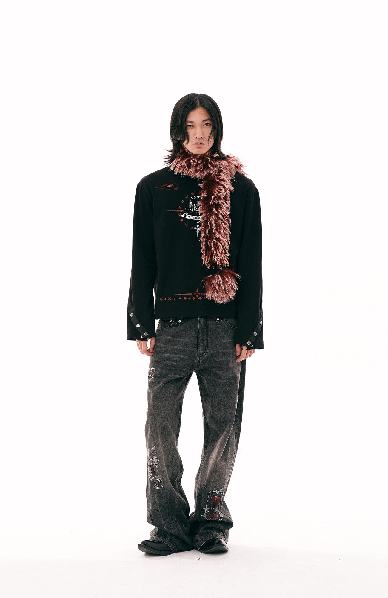 PASET Plaid Patch Distressed Back Buckle Jeans
