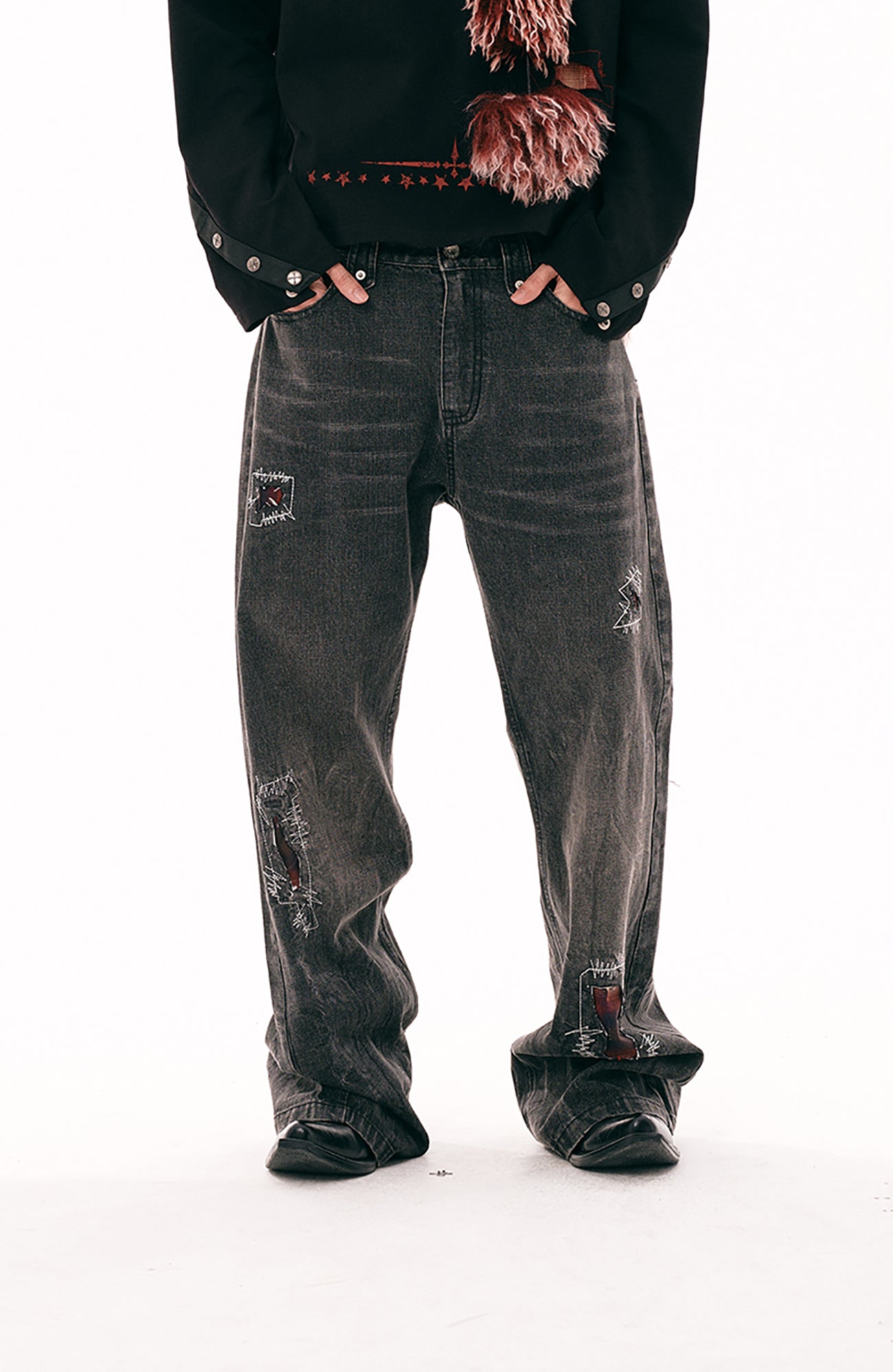 PASET Plaid Patch Distressed Back Buckle Jeans