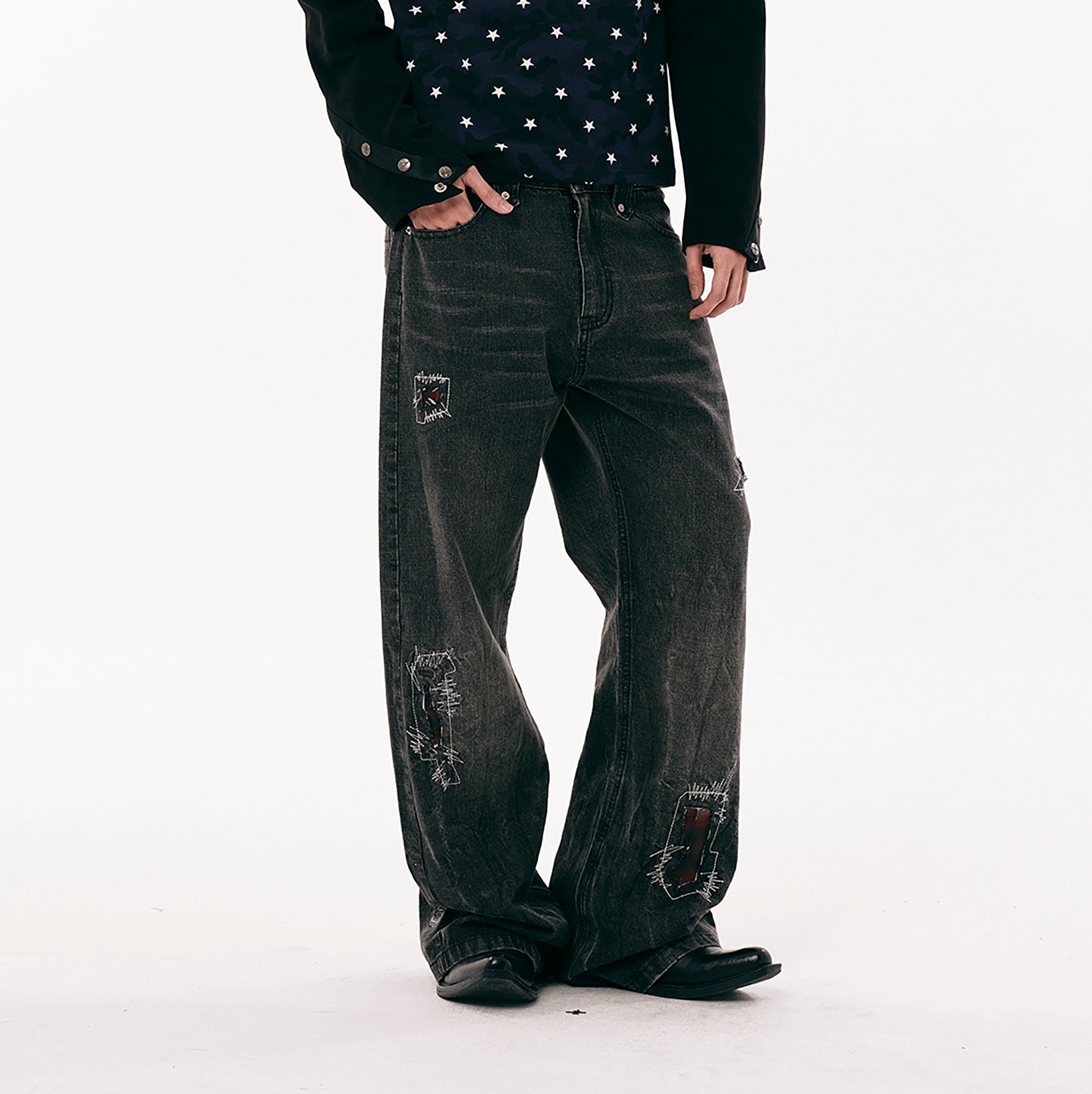 PASET Plaid Patch Distressed Back Buckle Jeans