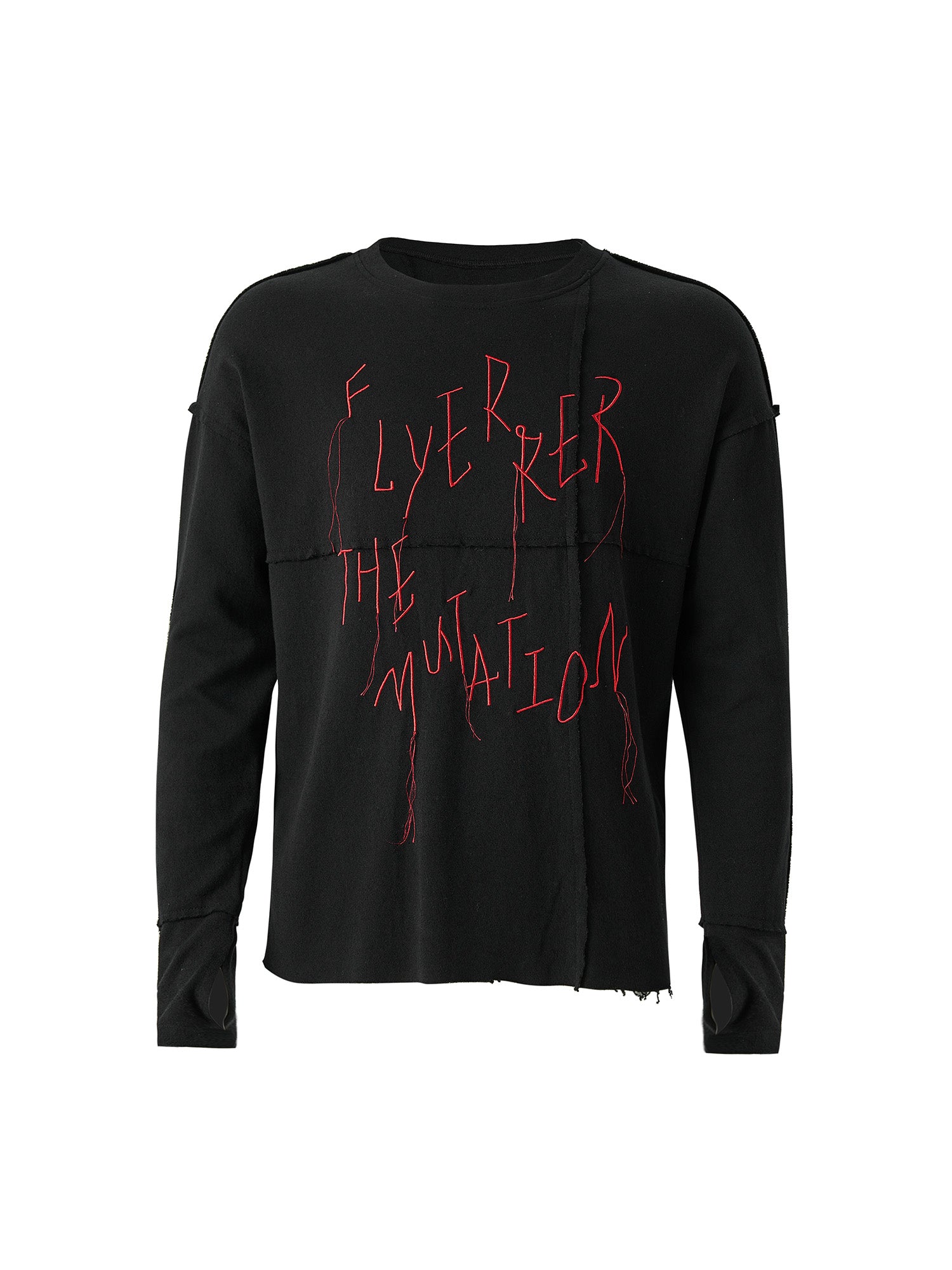 FLYERRER Cross-Panel Contrast Frayed Embroidered Long-Sleeve Tee, premium urban and streetwear designers apparel on PROJECTISR.com, FLYERRER