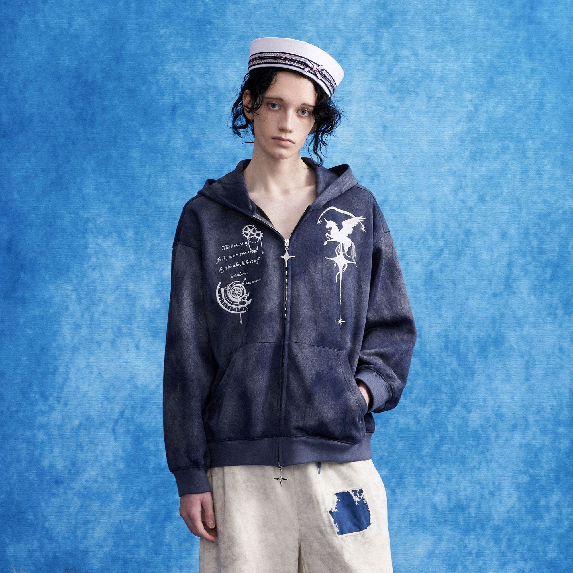 OIPWORD Embroidered Distressed Dual-Zip Hoodie