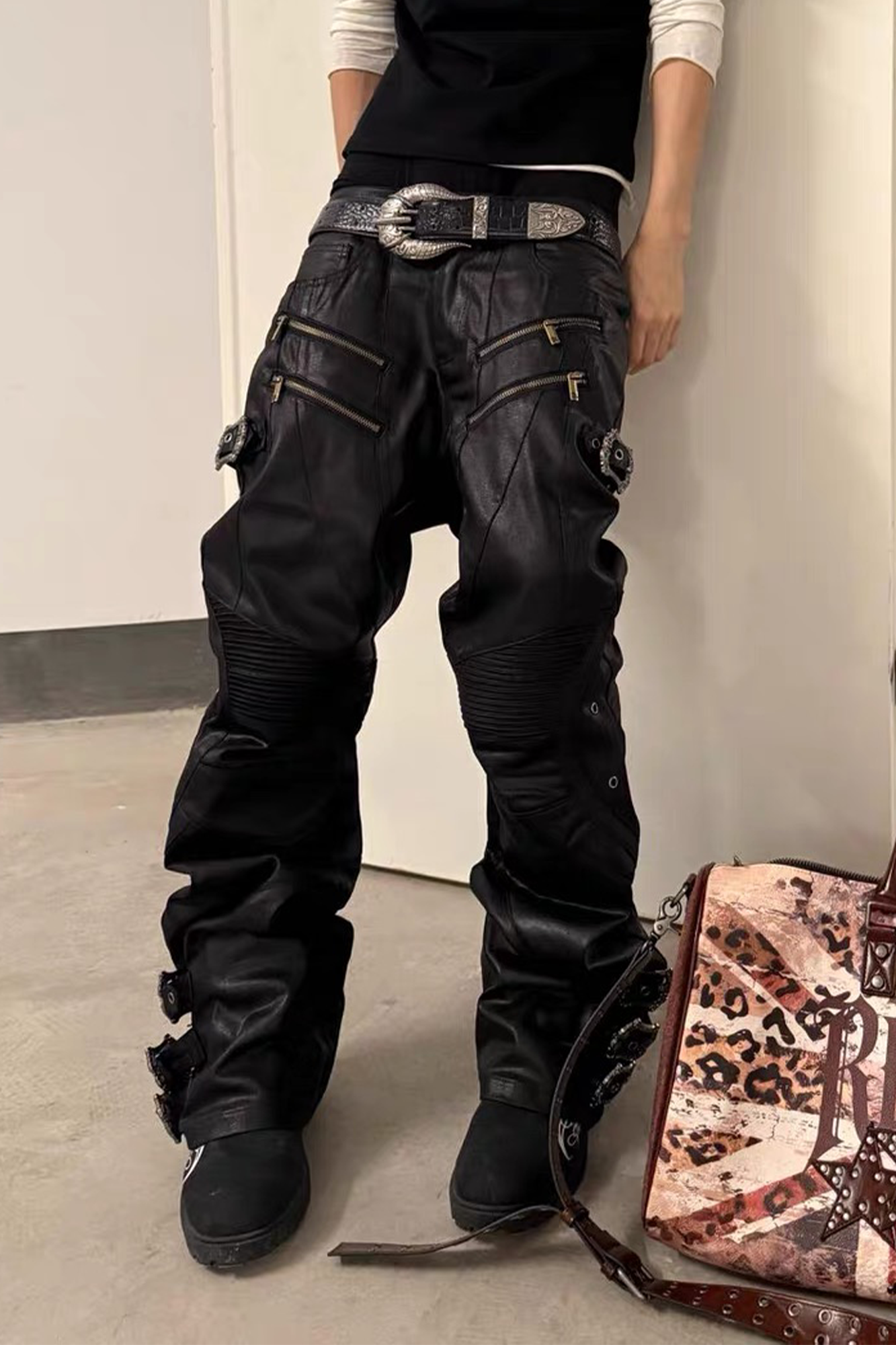 REGEN ZONE Multi-Zipper Waxed Biker Strap Pants