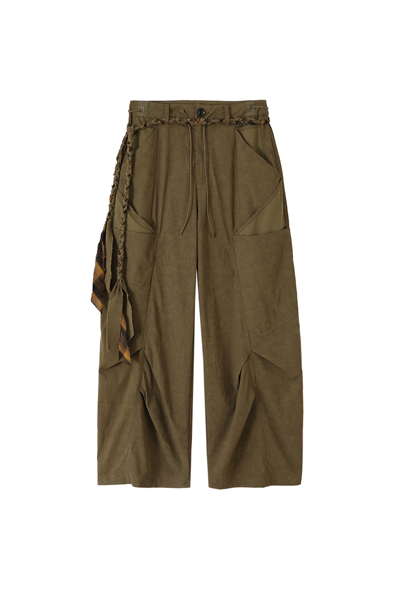 CONPCONP Pocket Pleated Curved Wide-Leg Cargo Pants