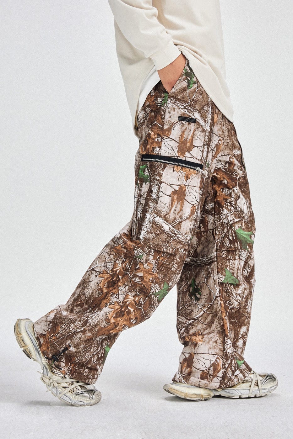 BONELESS Withered Leaves Crinkled Camo Cargo Pants, premium urban and streetwear designers apparel on PROJECTISR.com, BONELESS