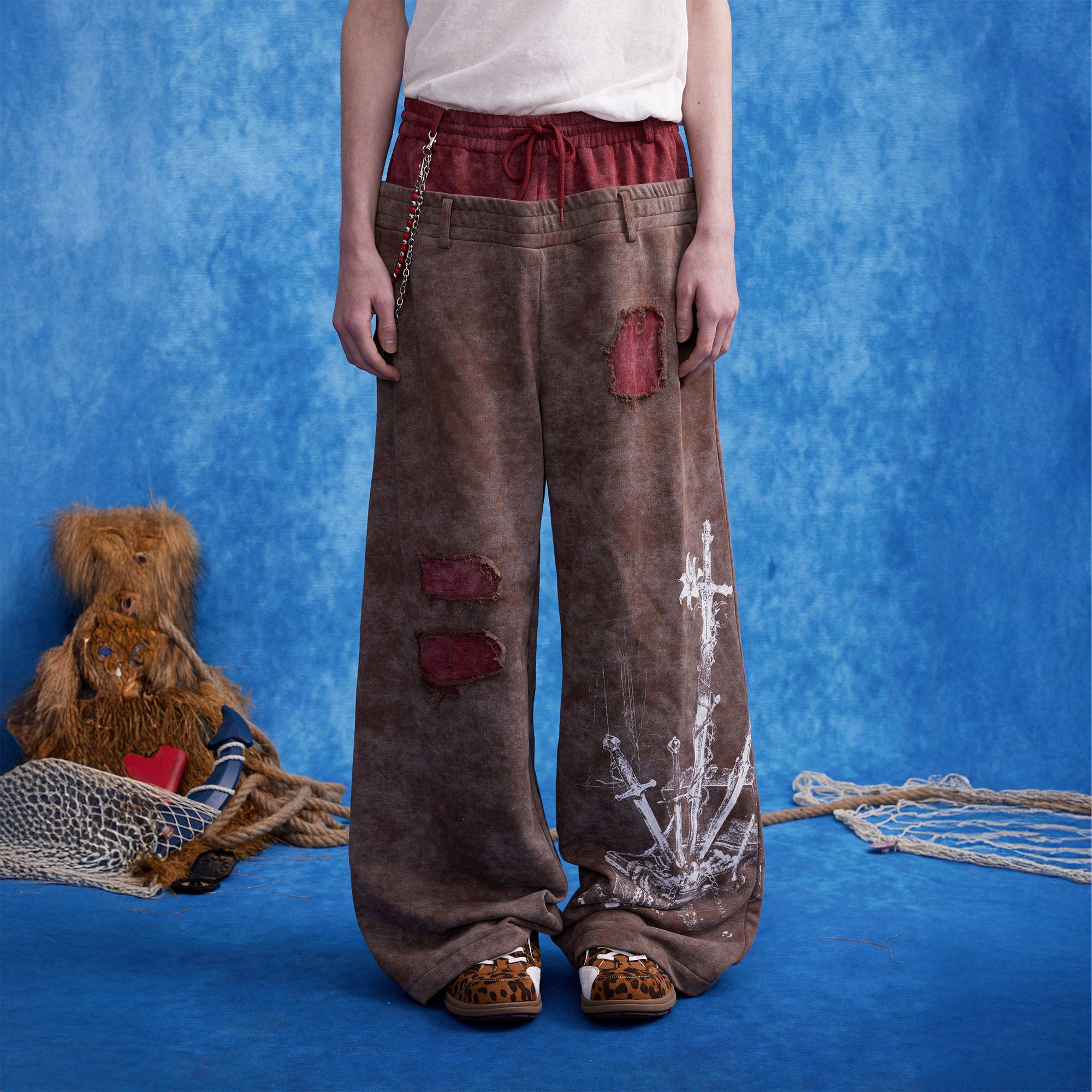 OIPWORD Distressed Ship Graphic Double-Waist Pants