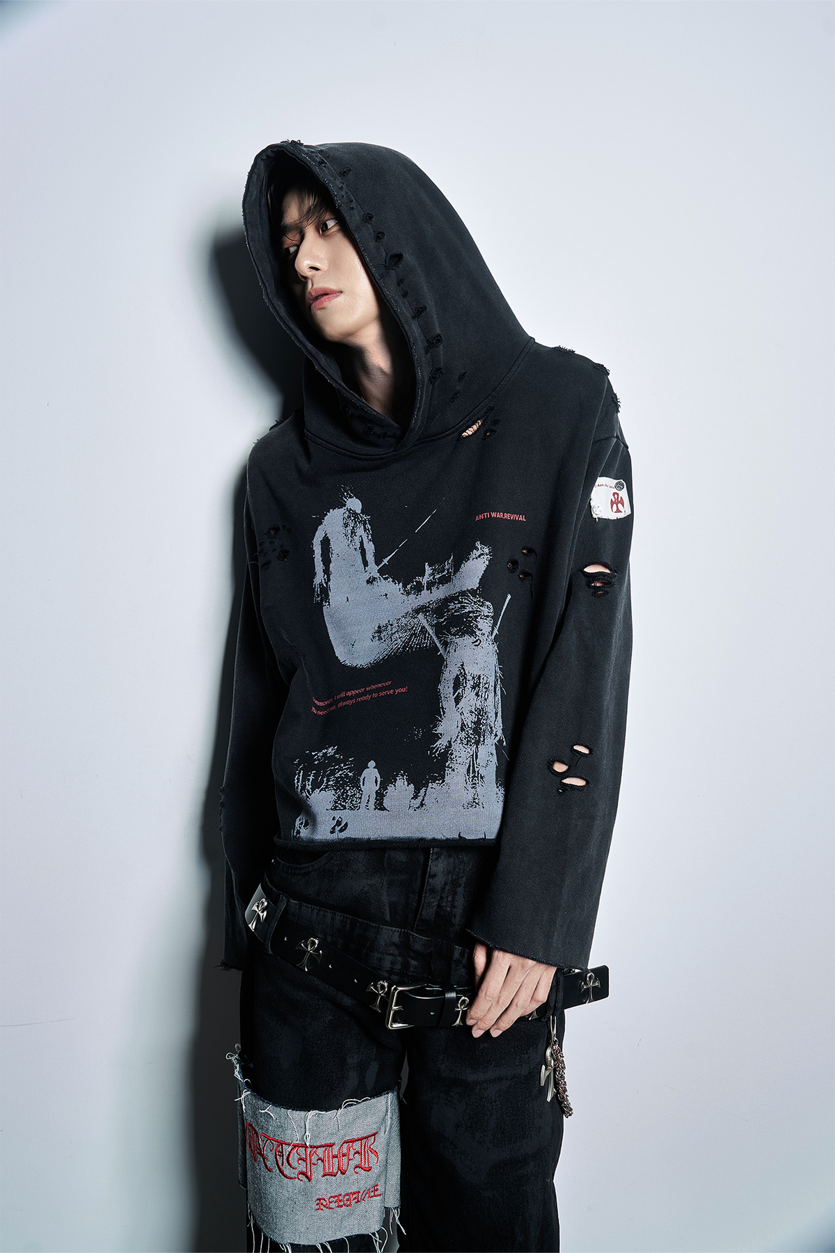 ANTI WAR REVIVAL Distressed Cut-Out Graphic Hoodie