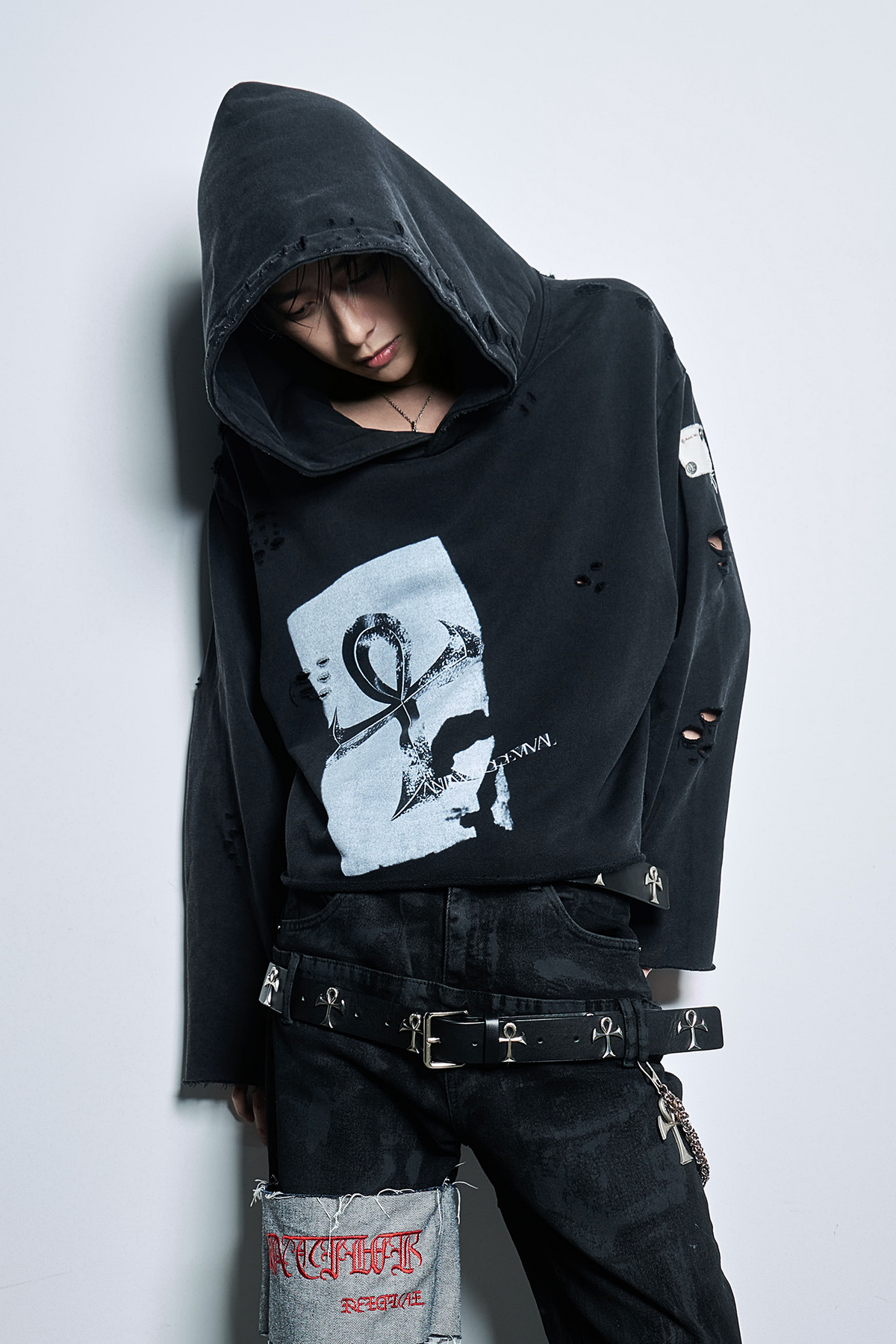 ANTI WAR REVIVAL Distressed Frayed Raw-Edge Oversized Hoodie