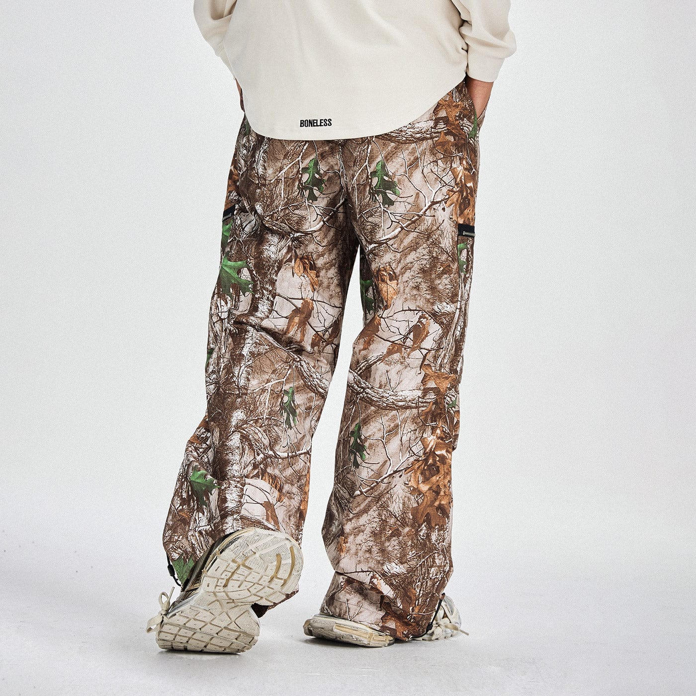 BONELESS Withered Leaves Crinkled Camo Cargo Pants, premium urban and streetwear designers apparel on PROJECTISR.com, BONELESS