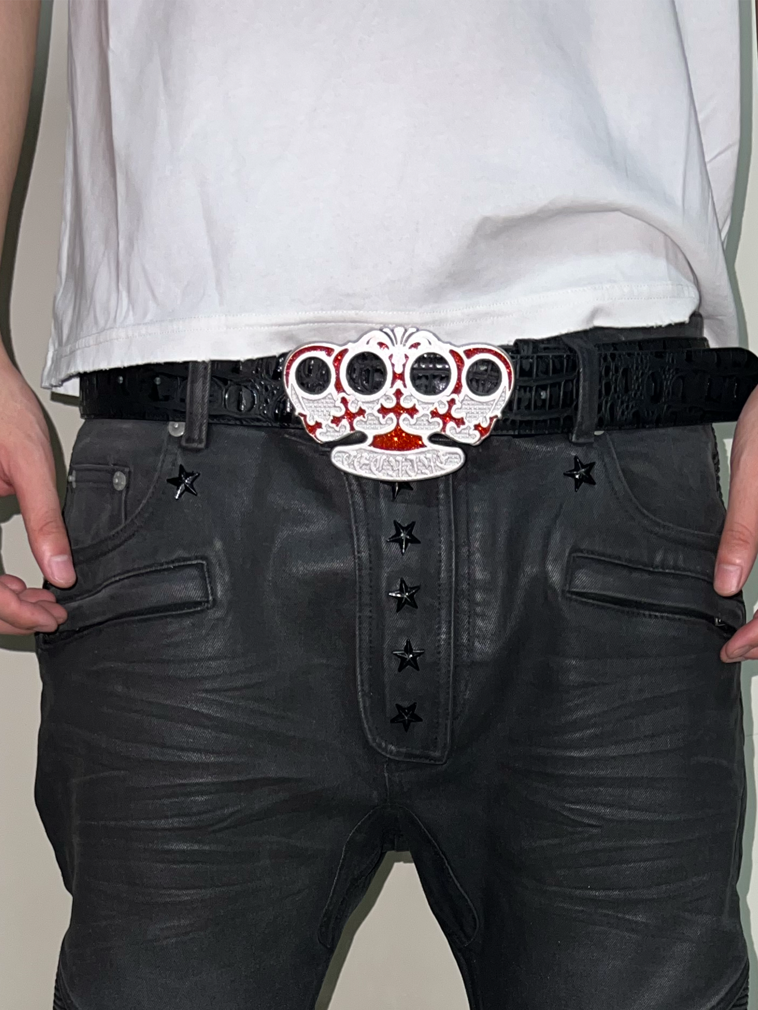 TECNINEGROUP Knuckle Crown Glitter Croc Leather Belt