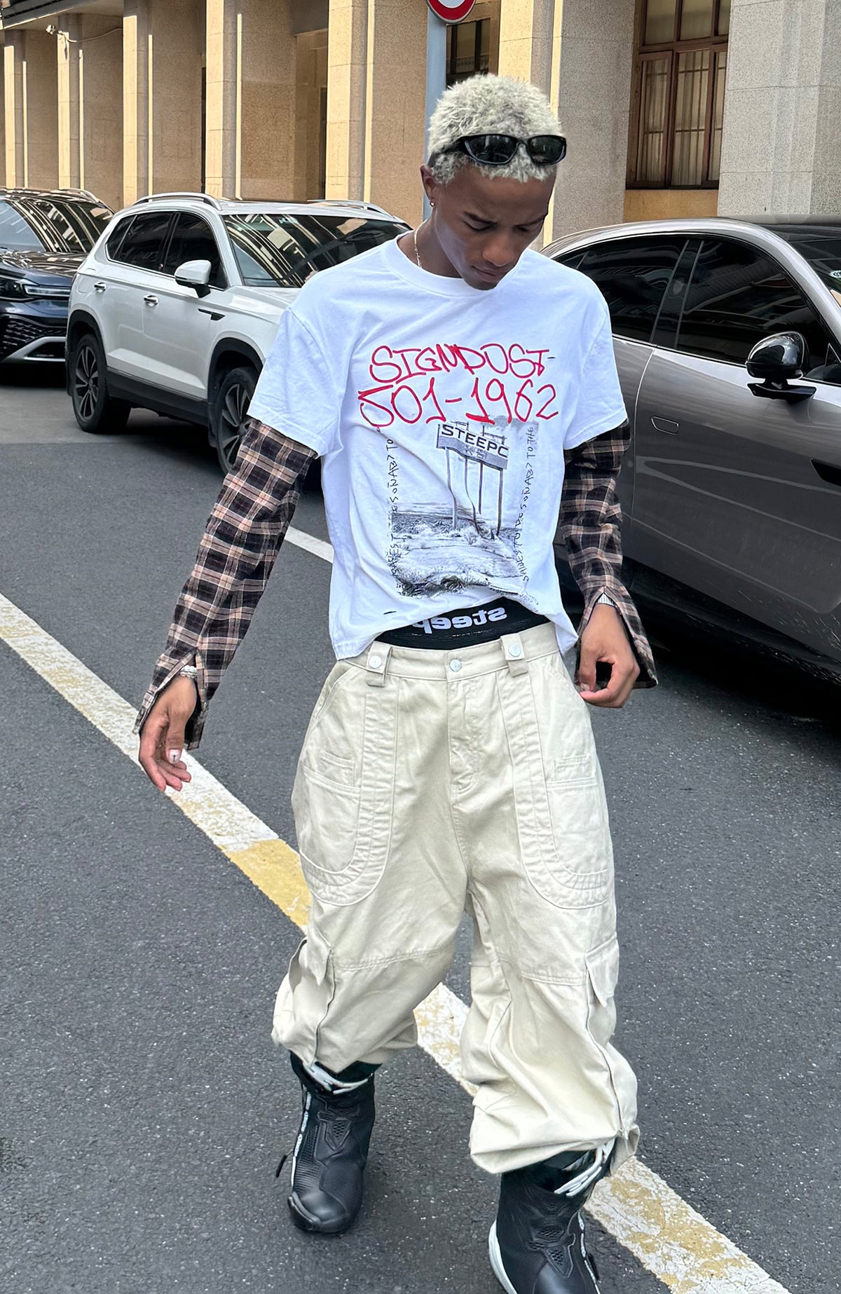 STEEPC Plaid Spliced Contrast Long-Sleeve Tee