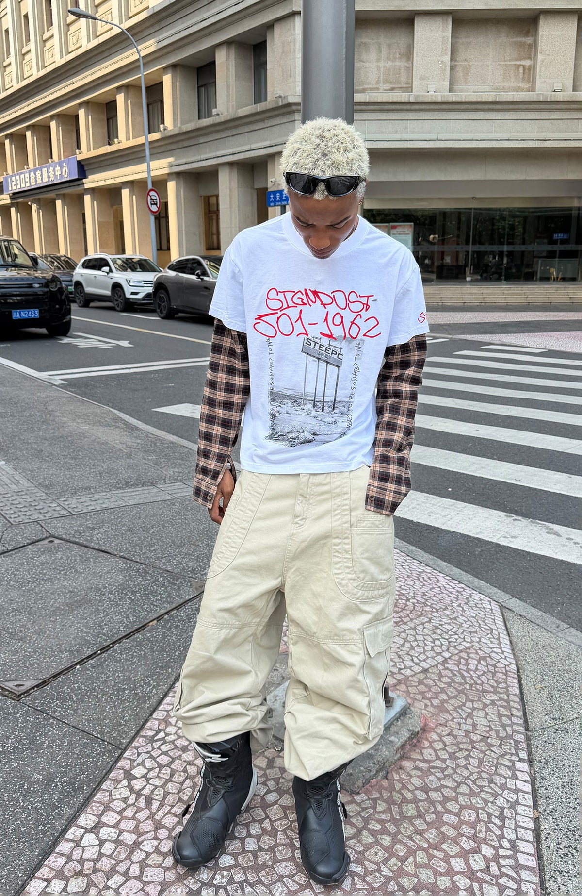 STEEPC Plaid Spliced Contrast Long-Sleeve Tee
