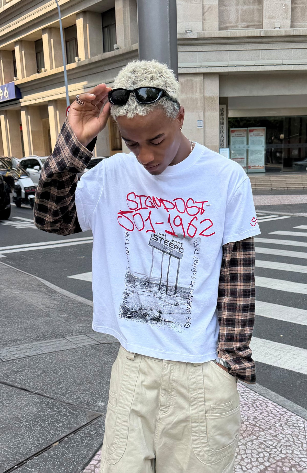 STEEPC Plaid Spliced Contrast Long-Sleeve Tee