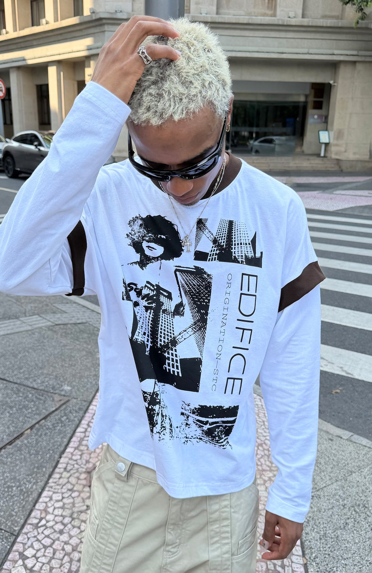 STEEPC Contrast Spliced Graphic Long-Sleeve Tee