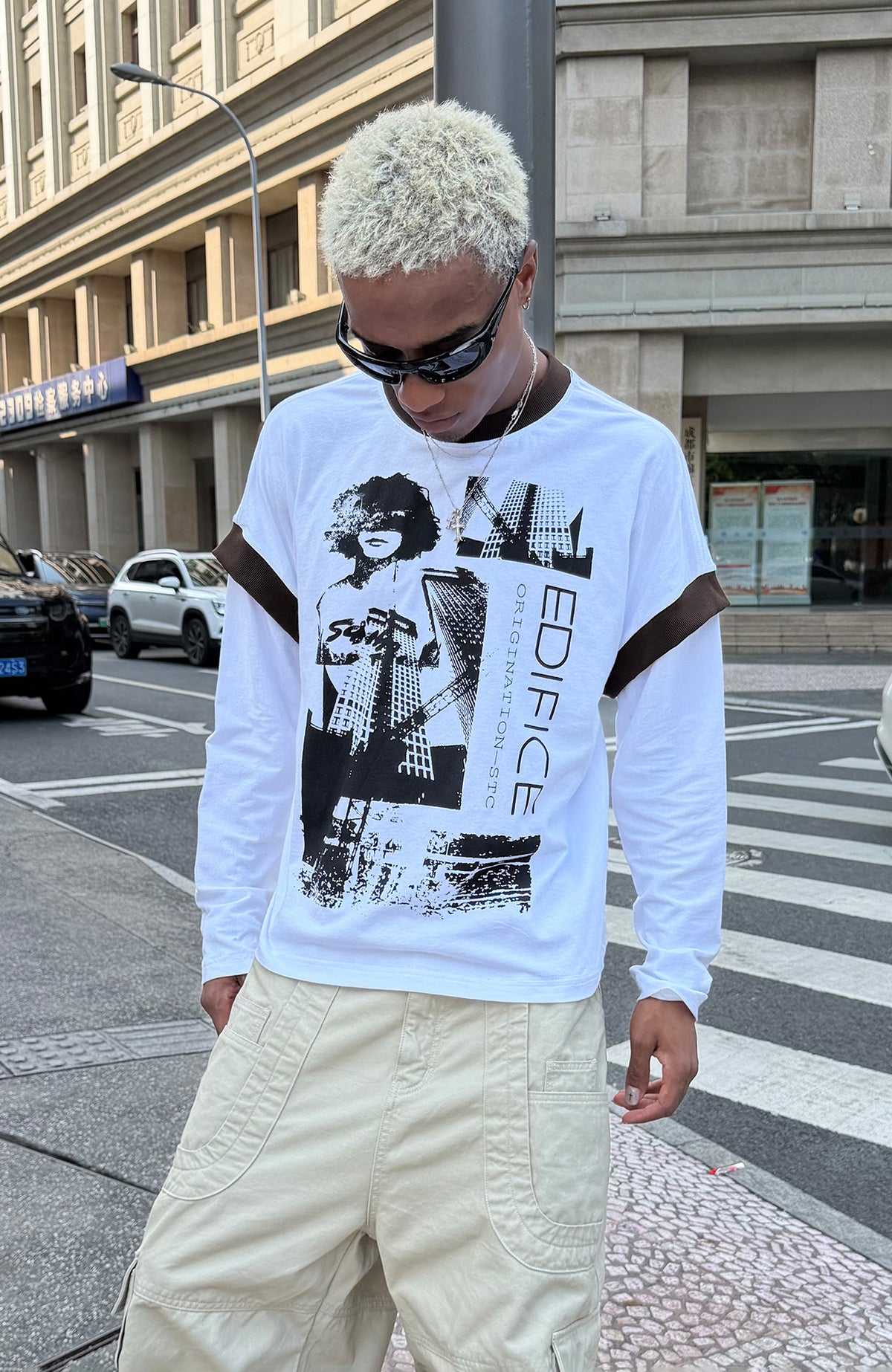 STEEPC Contrast Spliced Graphic Long-Sleeve Tee