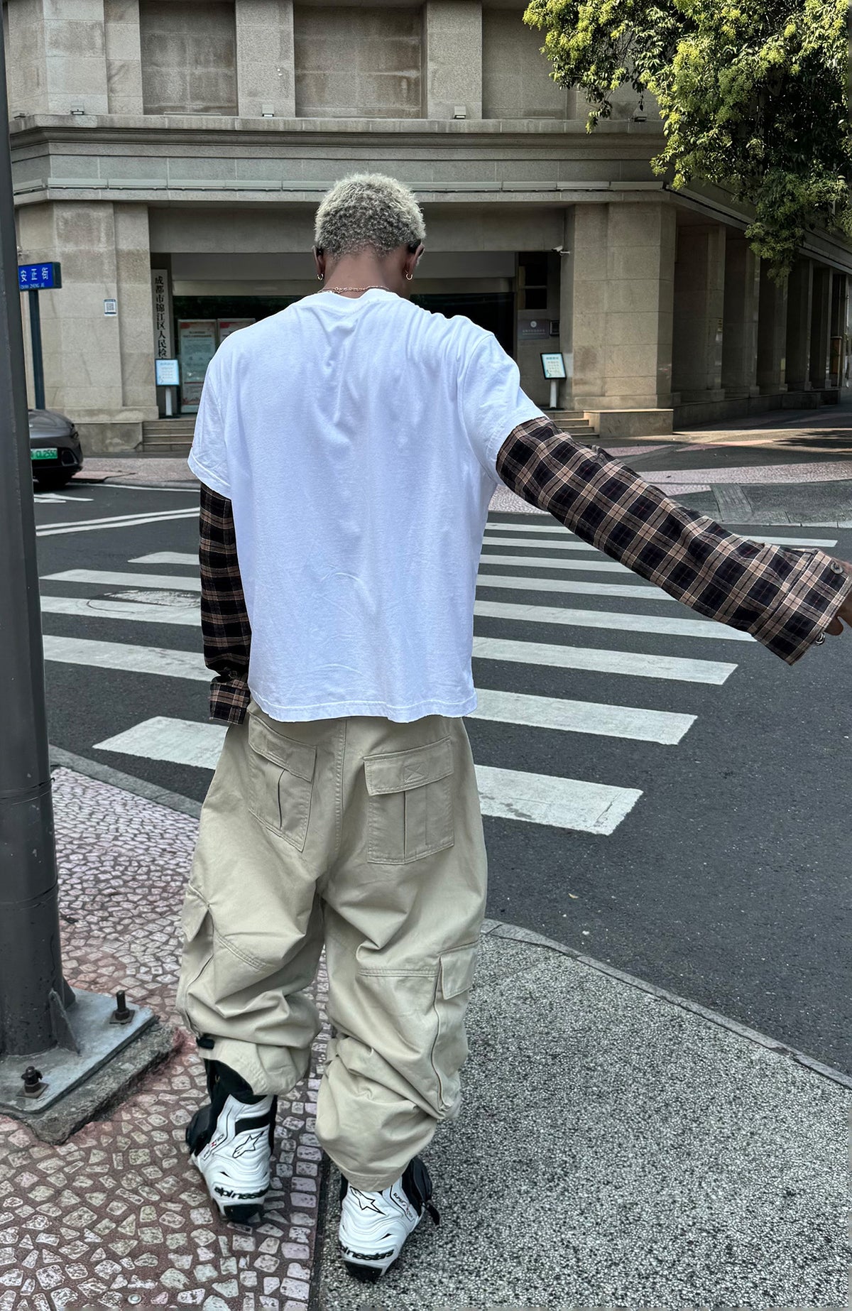 STEEPC Plaid Spliced Contrast Long-Sleeve Tee