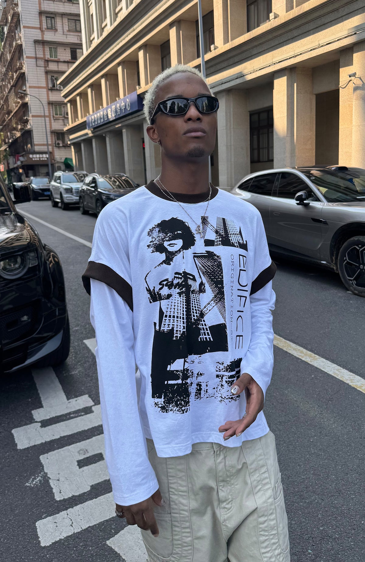 STEEPC Contrast Spliced Graphic Long-Sleeve Tee