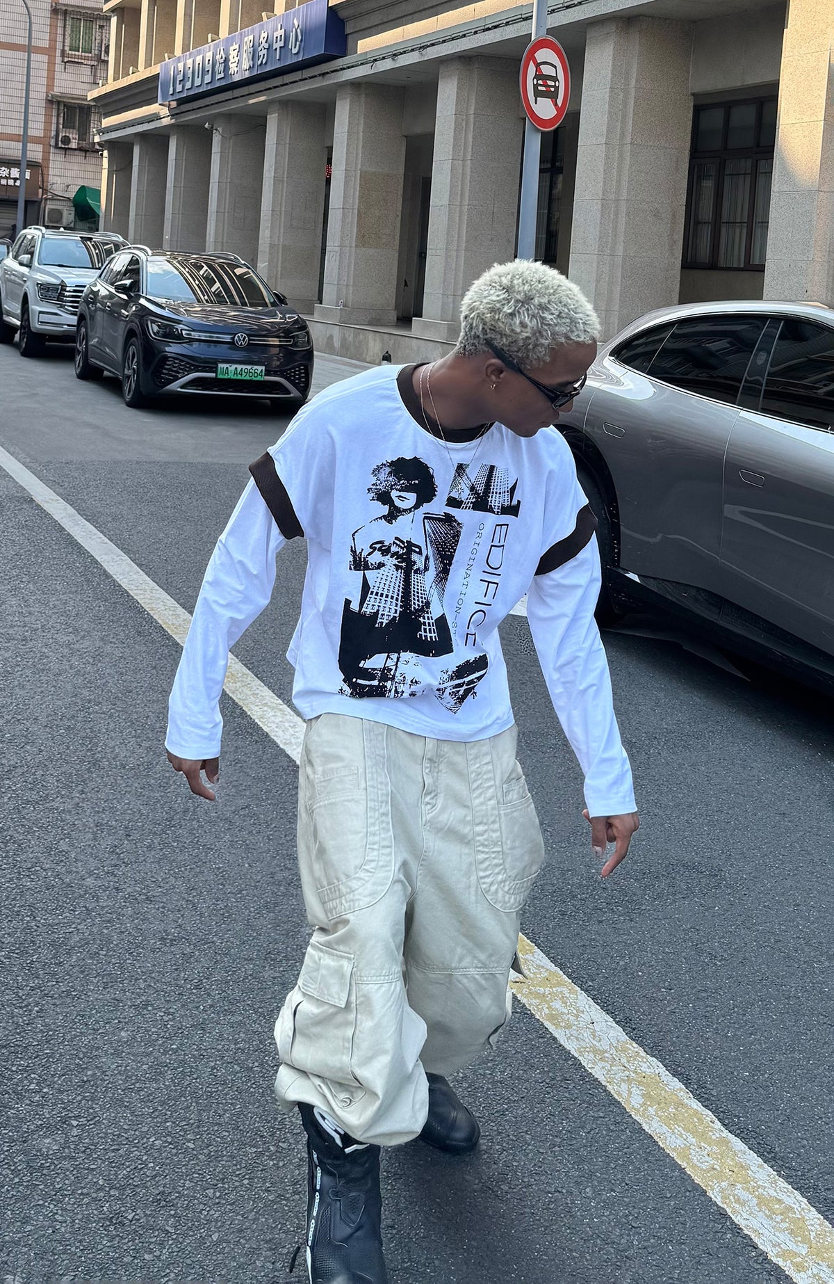 STEEPC Contrast Spliced Graphic Long-Sleeve Tee