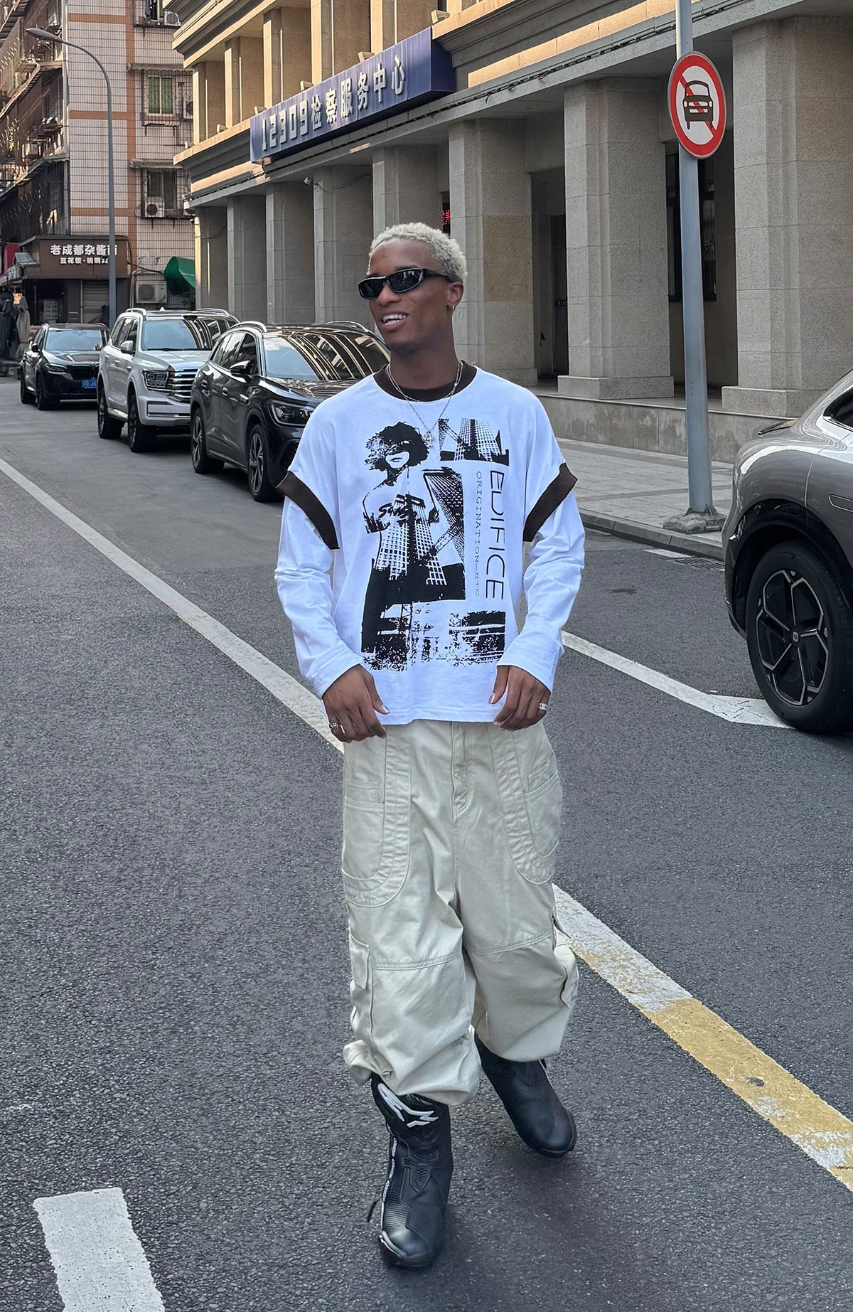 STEEPC Contrast Spliced Graphic Long-Sleeve Tee