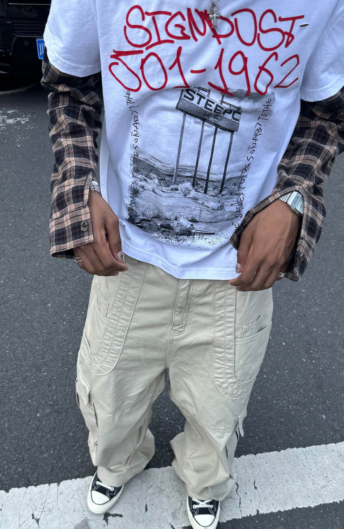STEEPC Plaid Spliced Contrast Long-Sleeve Tee