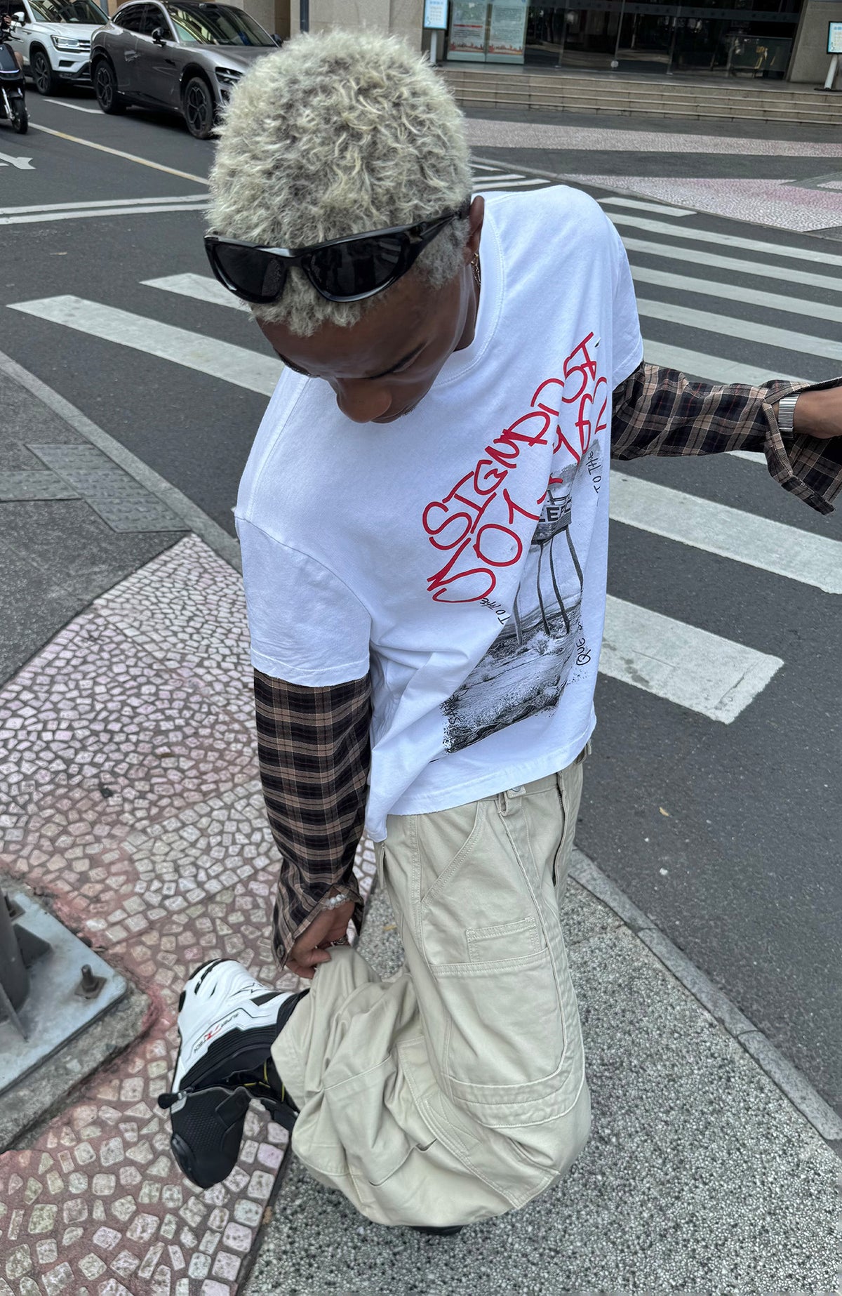 STEEPC Plaid Spliced Contrast Long-Sleeve Tee